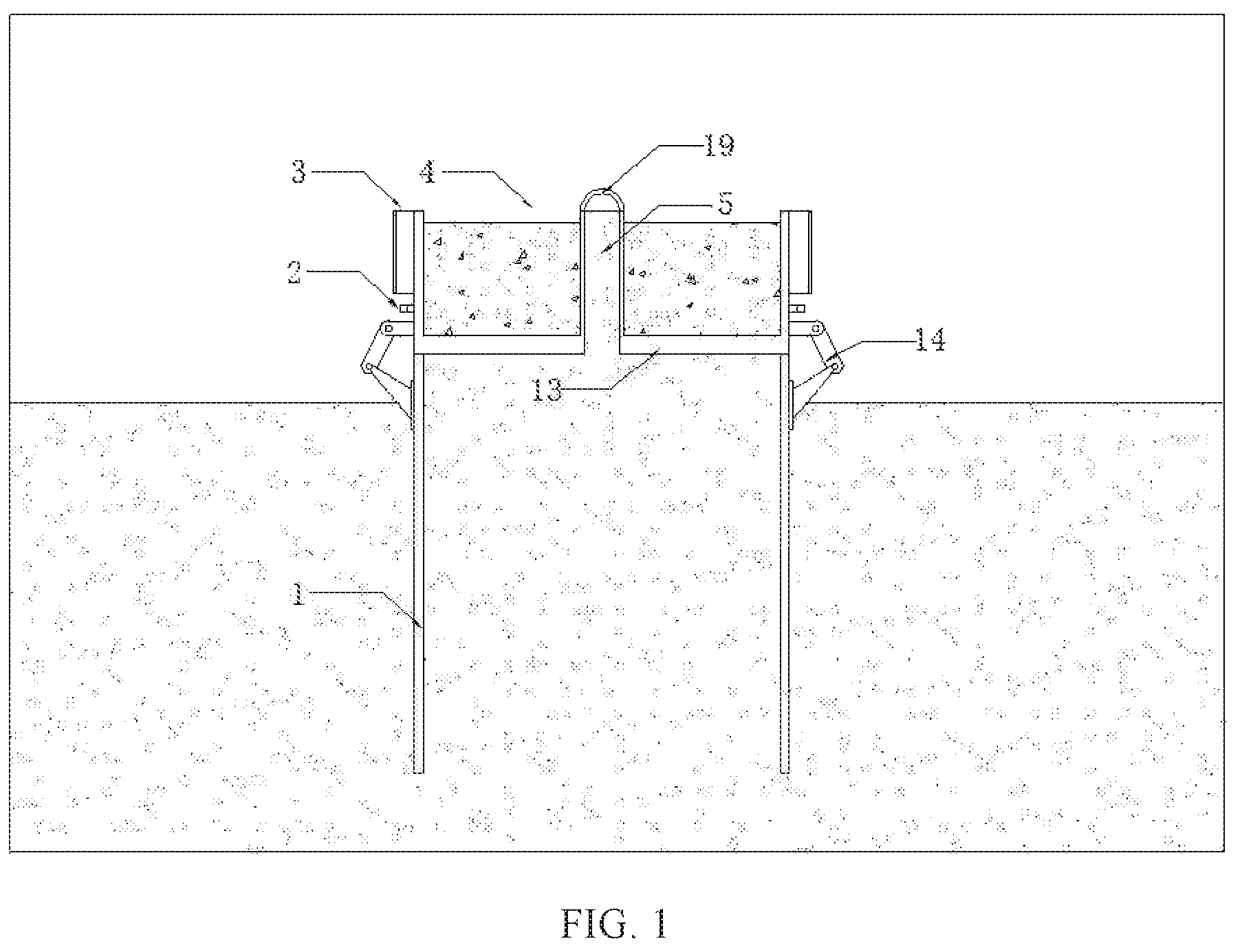 Patent US11773561 Figure 1 – Combined suction anchor reinforced by grouting spiral anchor