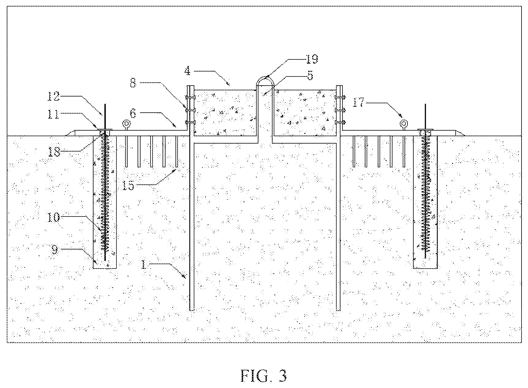 Patent US11773561 Figure 3 – Combined suction anchor reinforced by grouting spiral anchor