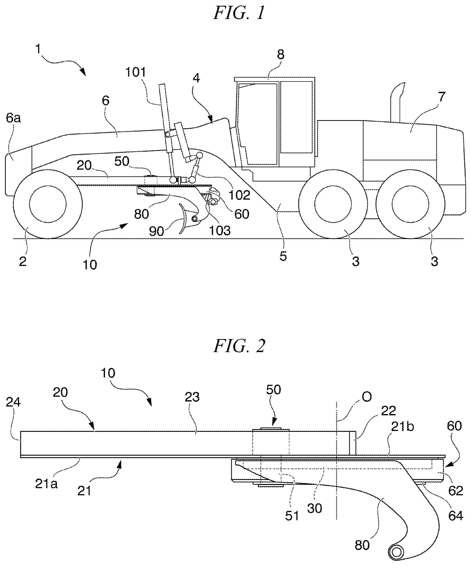 Patent US11773564 Figure 1 – Work equipment for motor grader