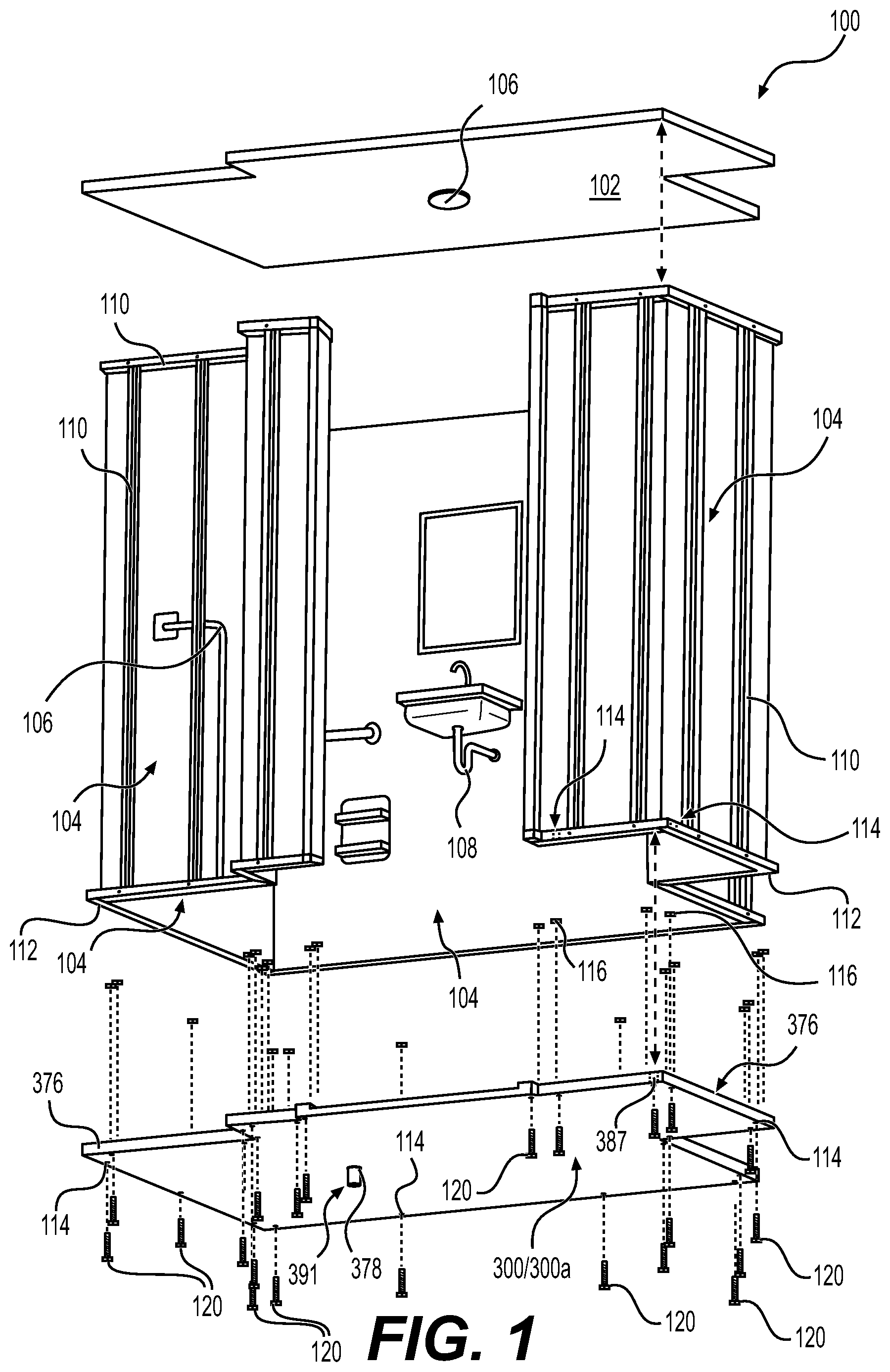 Patent US11773603 Figure 1 – Reinforced floors for modular bathrooms
