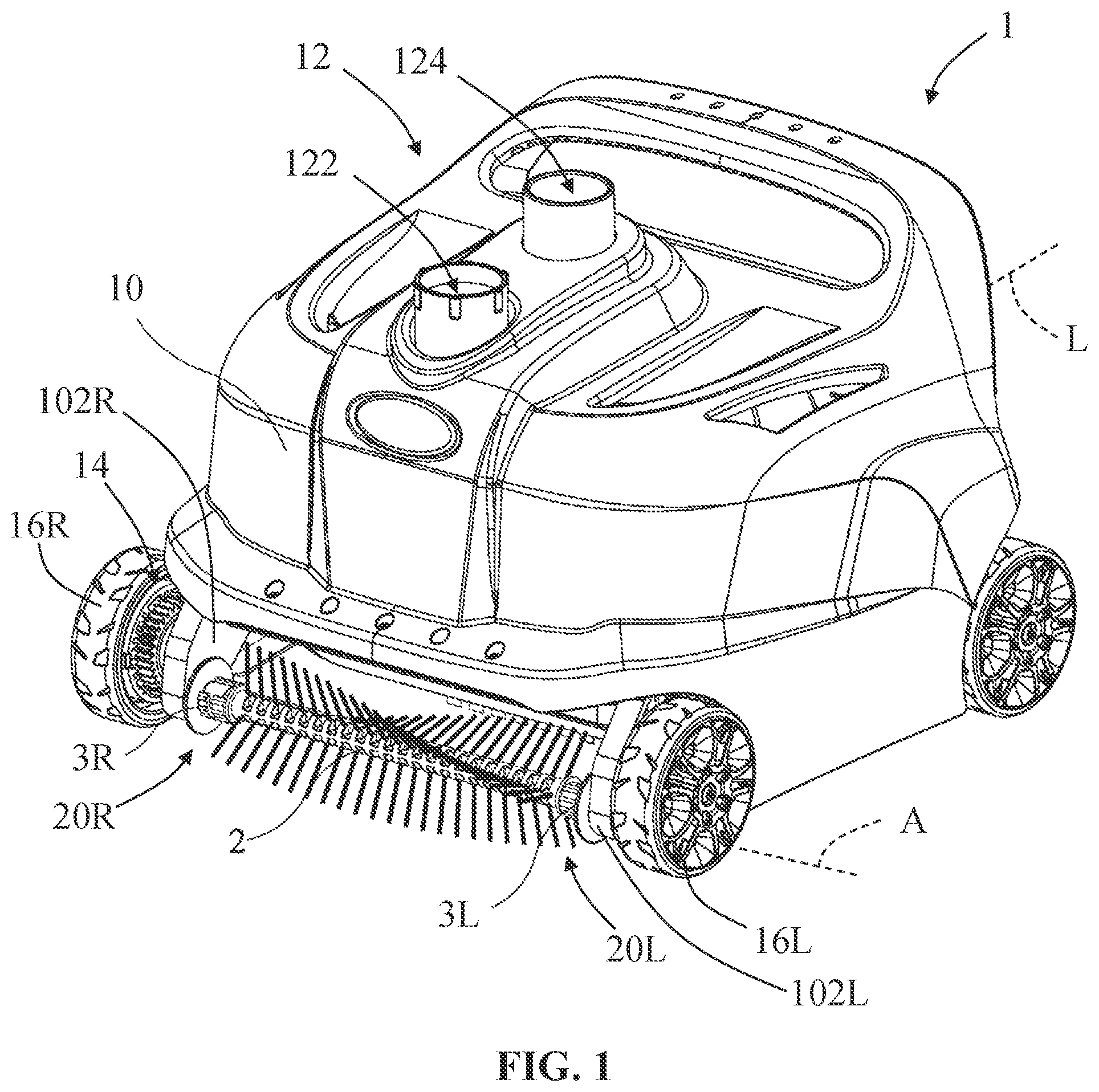 Patent US11773614 Figure 1 – Pool cleaner with releasable brush assembly