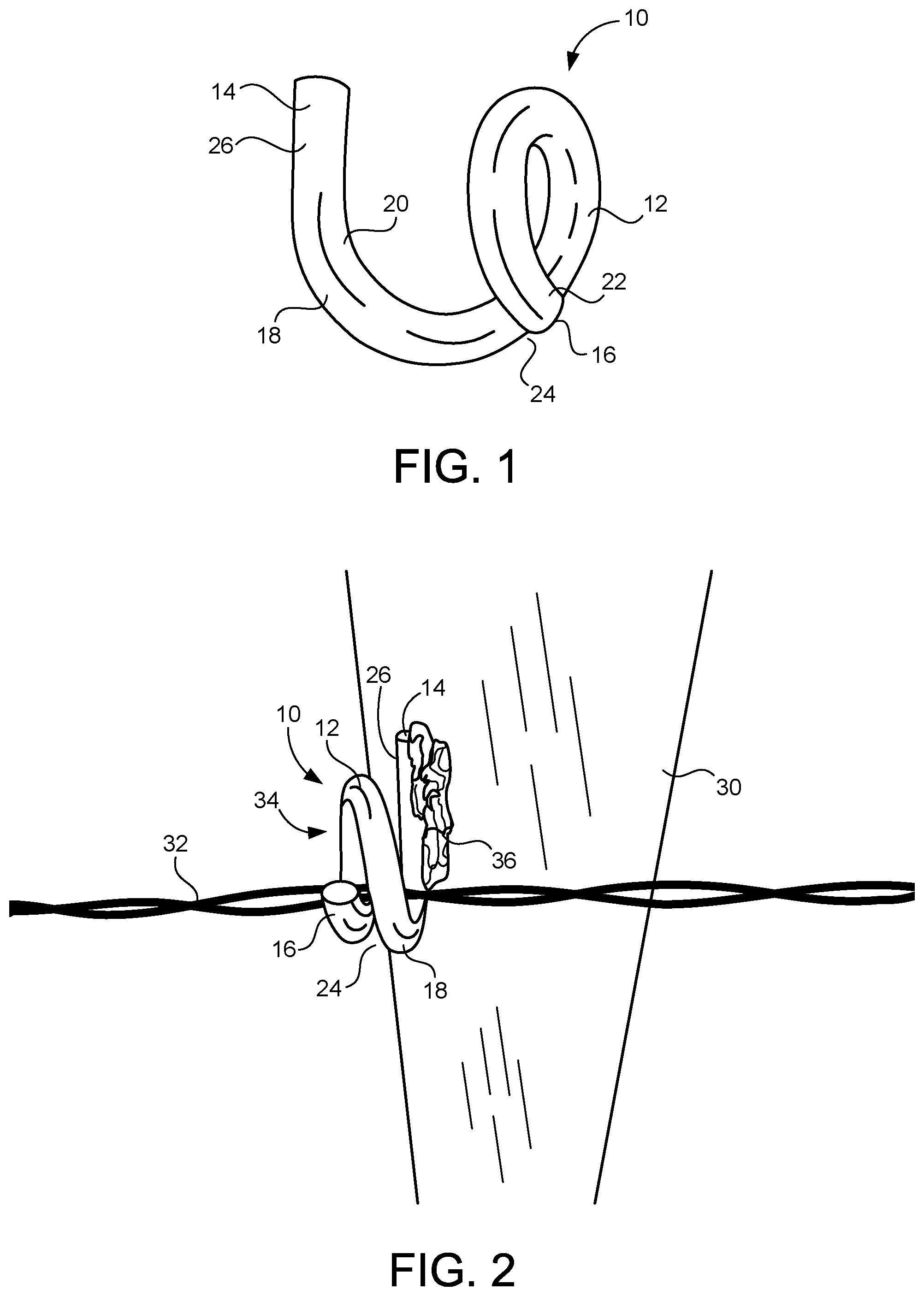 Patent US11773617 Figure 1 – Article and assembly for securing a line to an external surface, such as a fence post