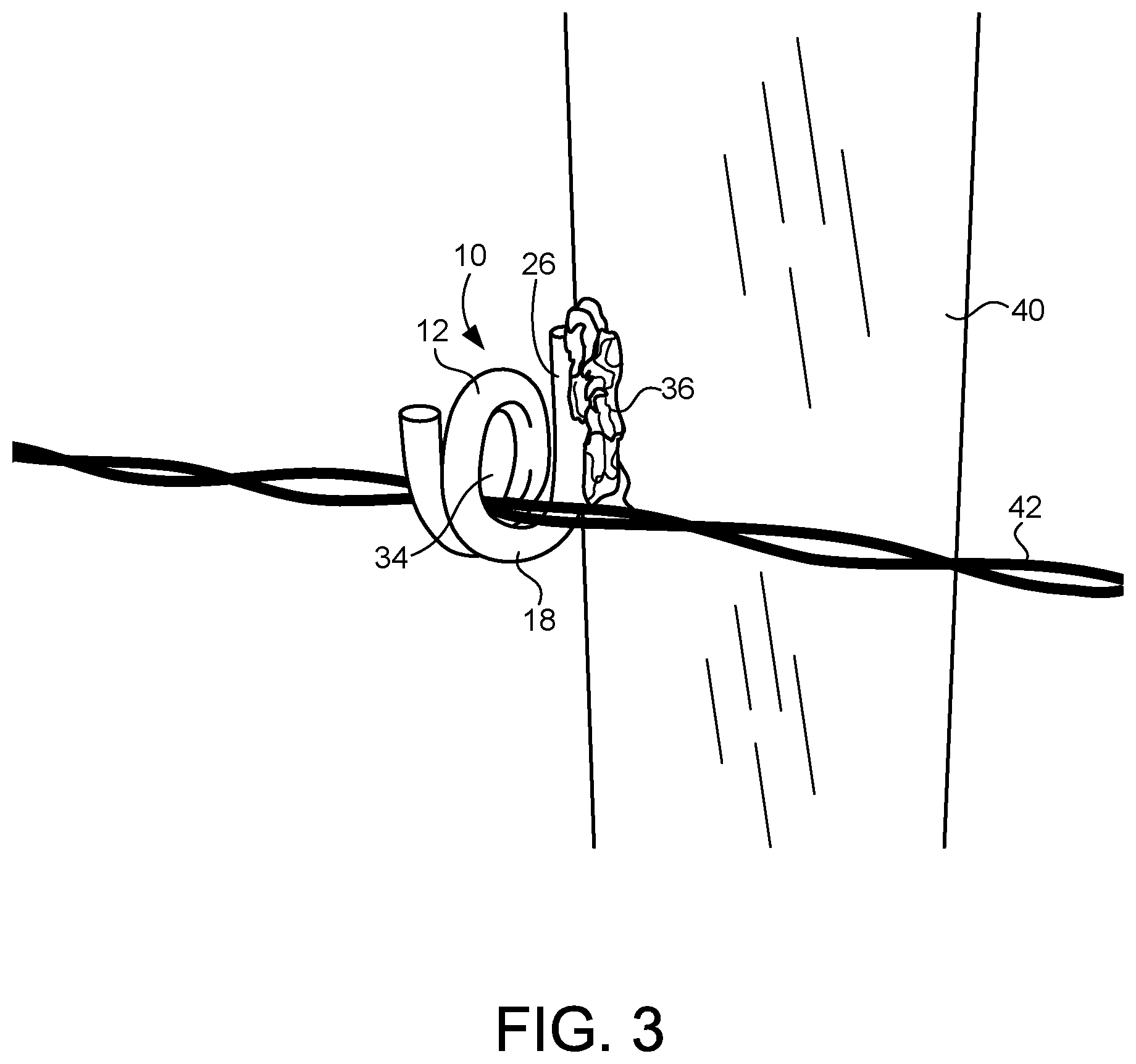 Patent US11773617 Figure 2 – Article and assembly for securing a line to an external surface, such as a fence post