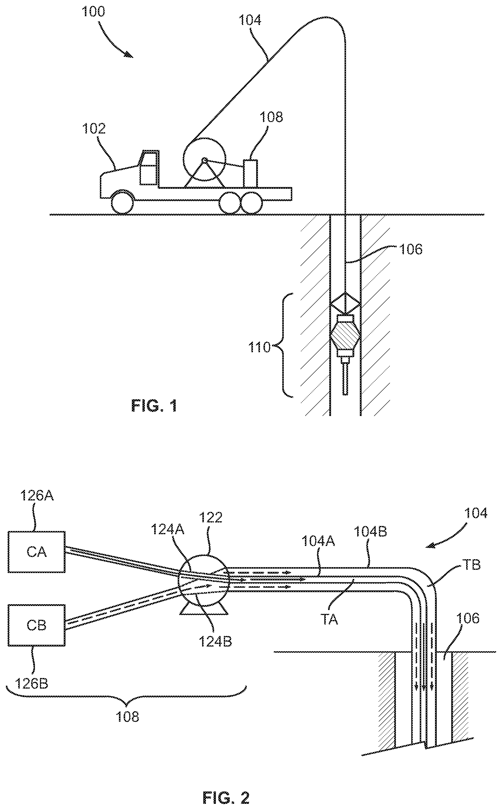 Patent US11773693 Figure 1 – In-situ system for mixing two or more chemical components downhole in a wellbore and a method employing same