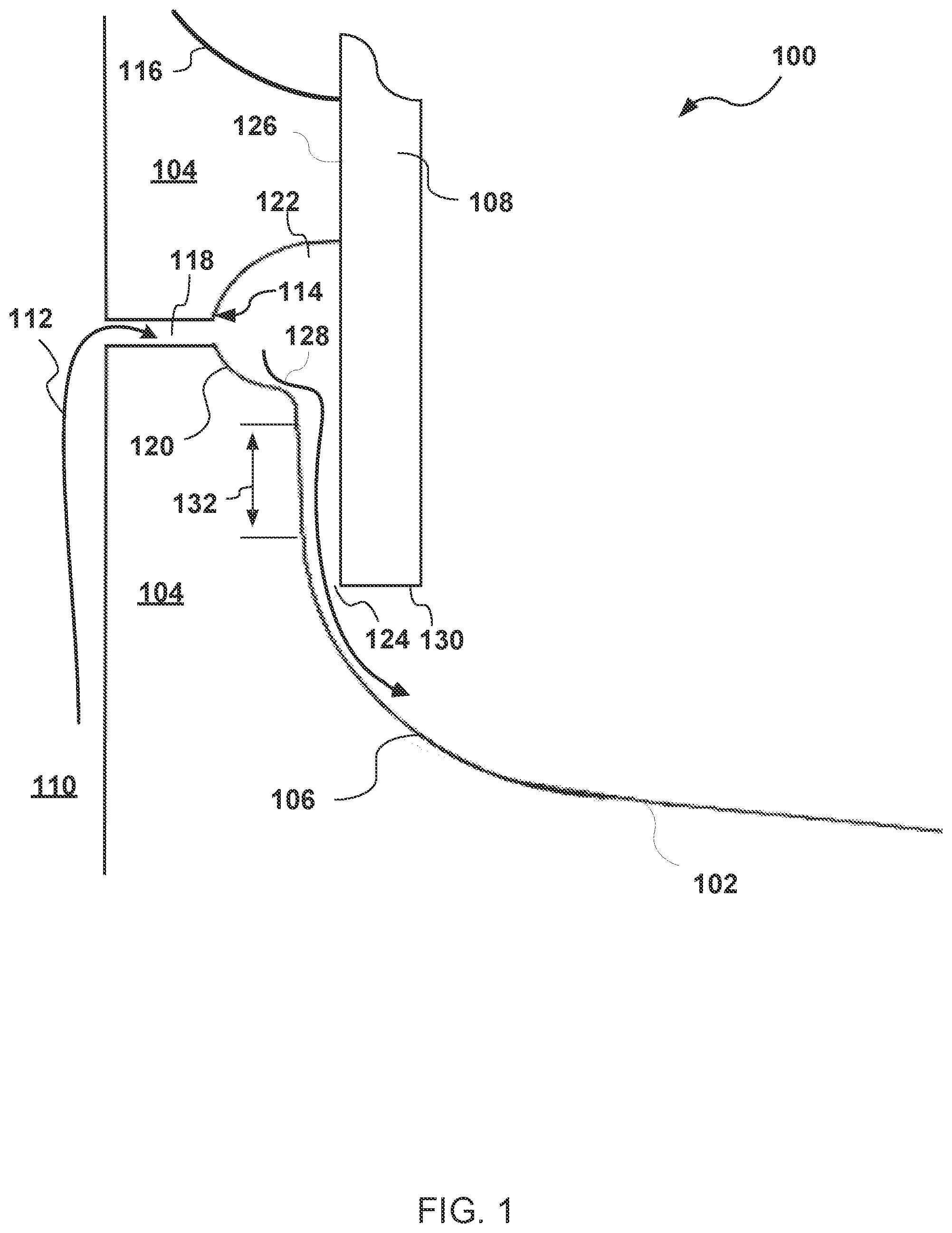 Patent US11773728 Figure 1 – Purge arrangement for dual-feed airfoil