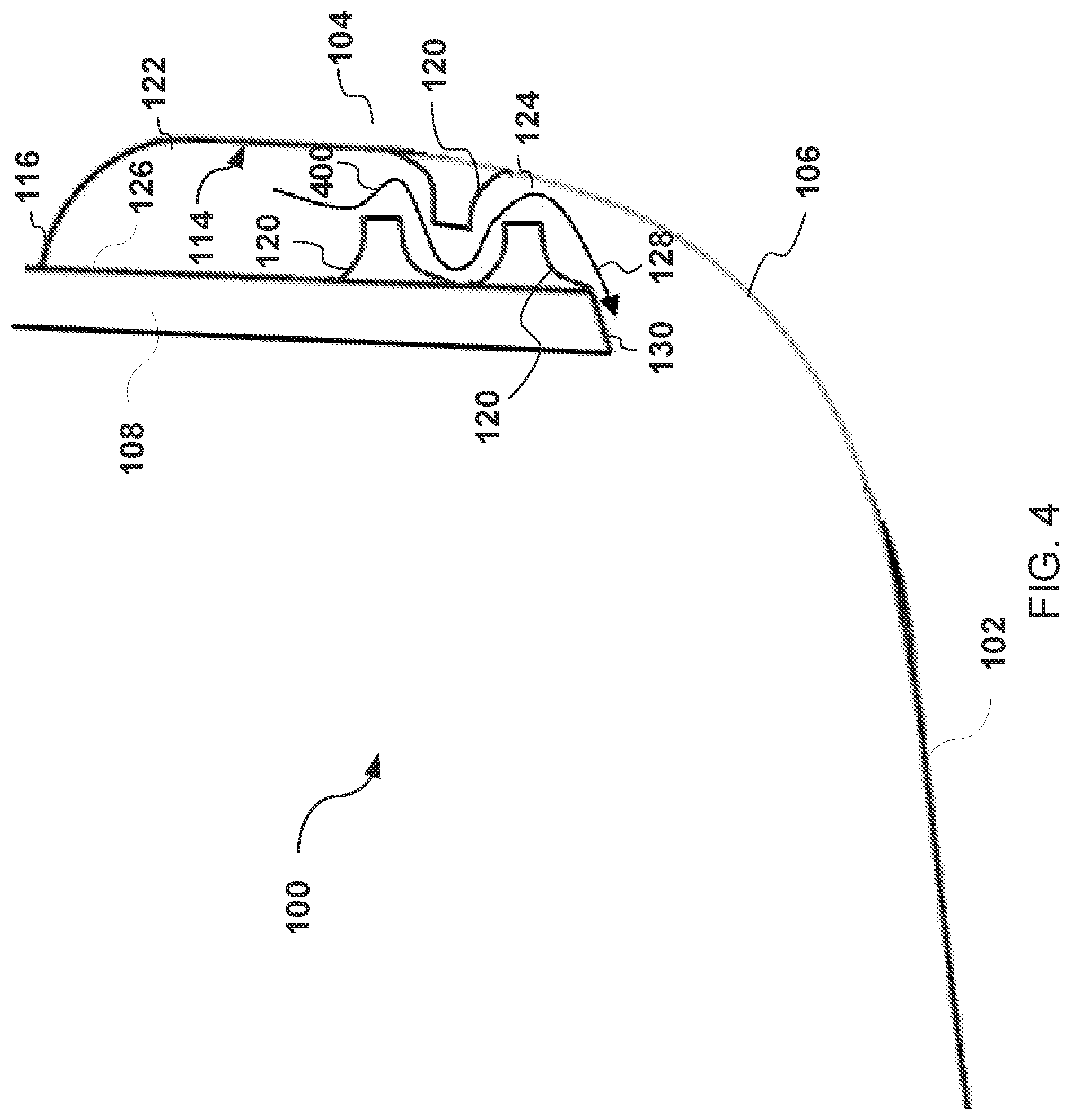 Patent US11773728 Figure 4 – Purge arrangement for dual-feed airfoil