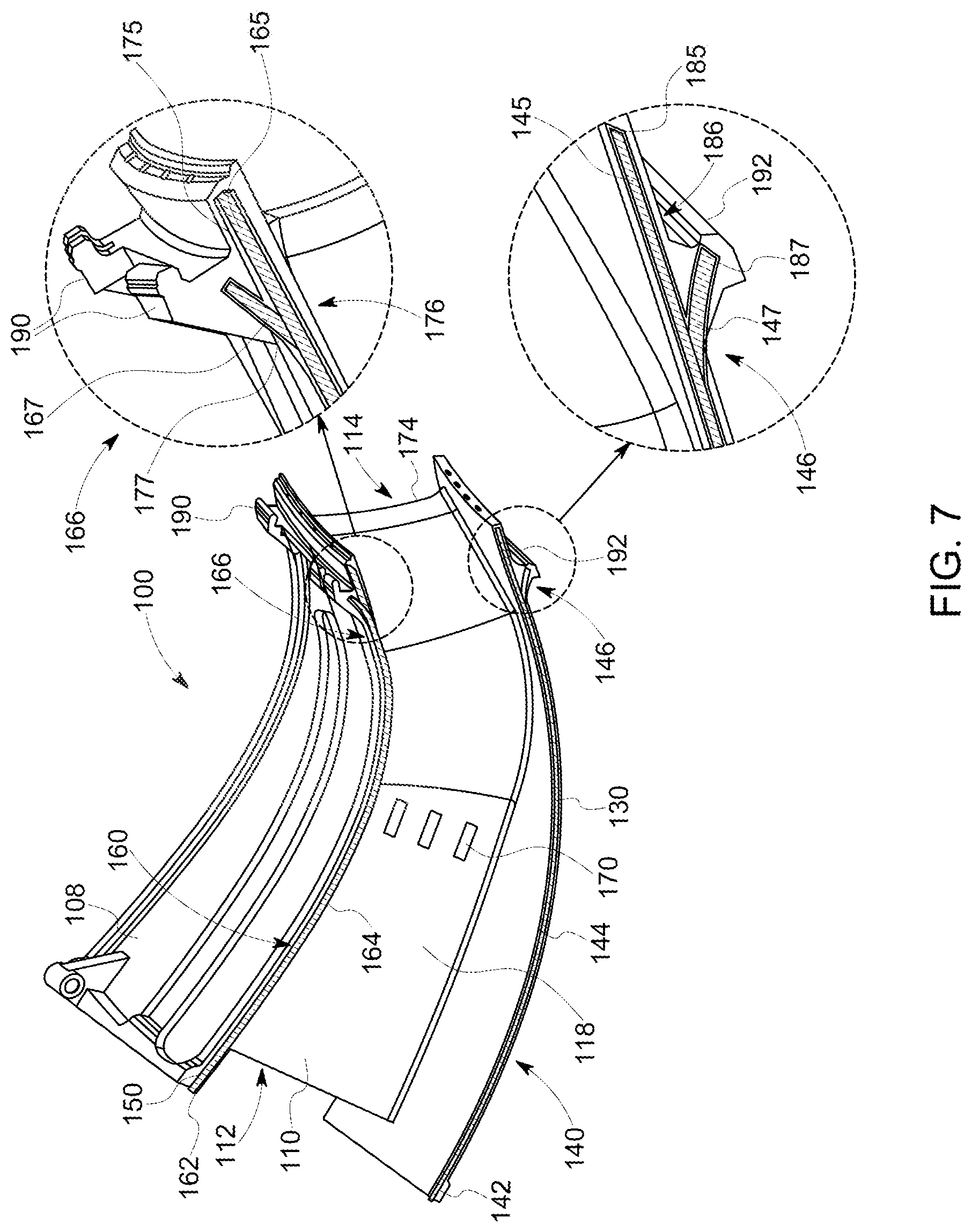 Patent US11773739 Figure 6 – Curved seal for adjacent gas turbine components