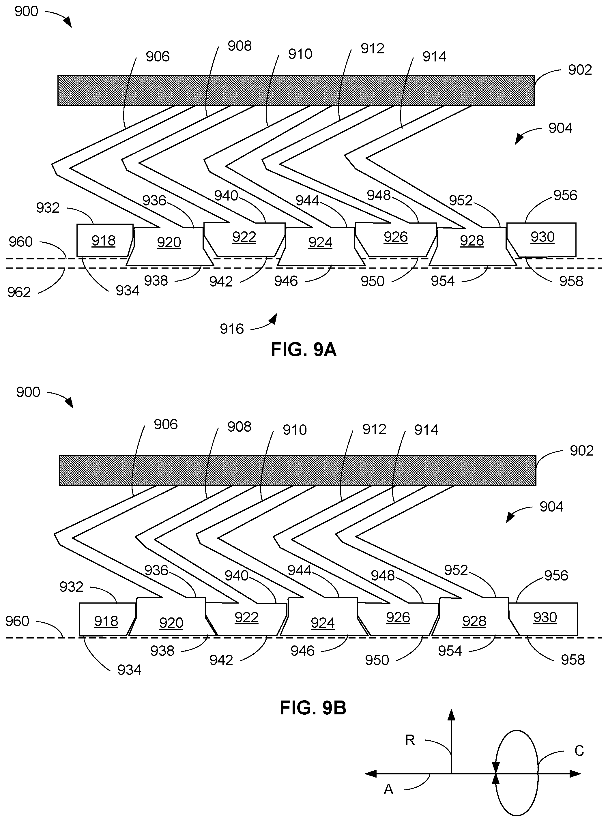 Patent US11773741 Figure 9 – Compliant shroud designs with variable stiffness