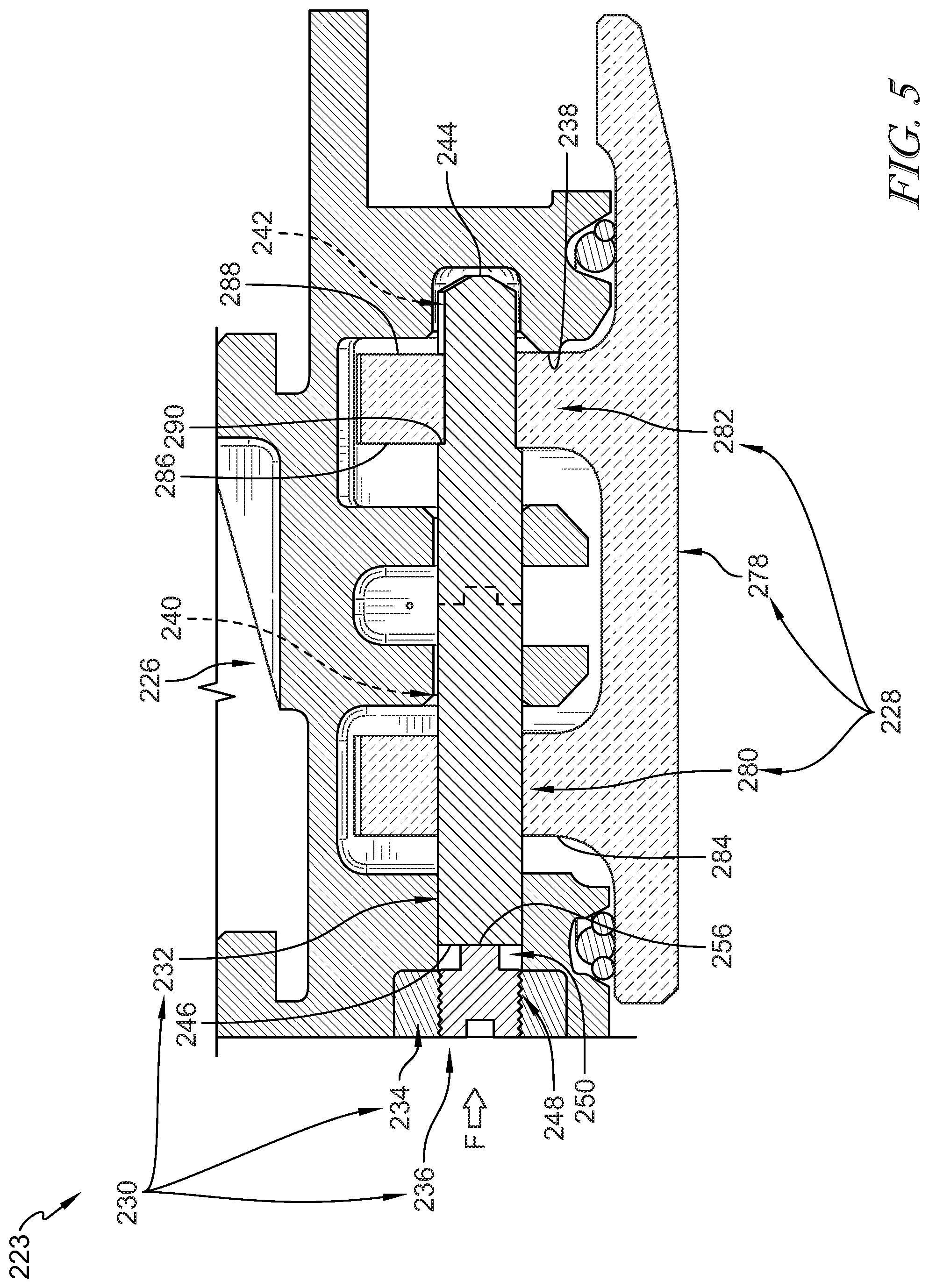 Patent US11773751 Figure 4 – Ceramic matrix composite blade track segment with pin-locating threaded insert