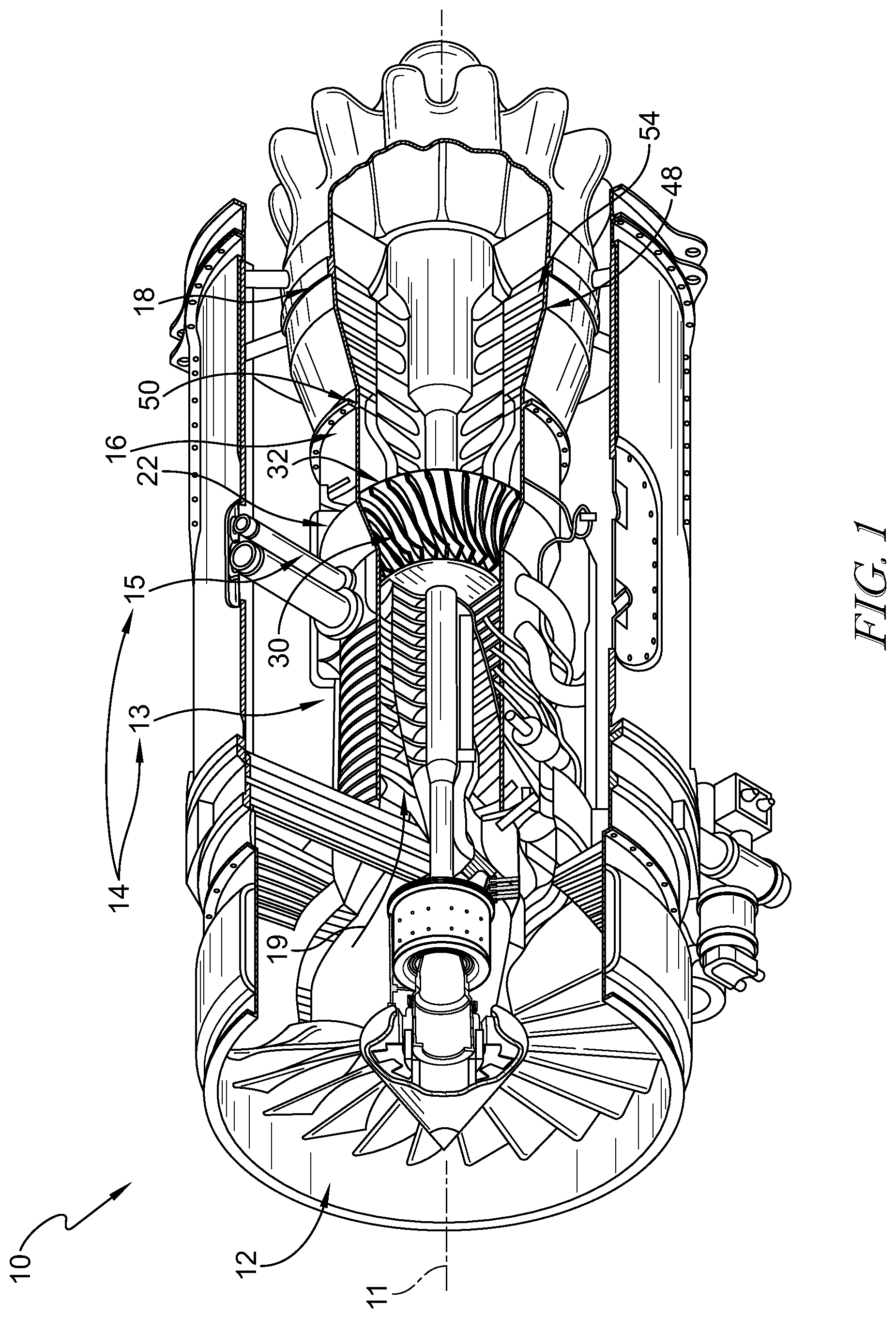 Patent US11773773 Figure 1 – Gas turbine engine centrifugal compressor with impeller load and cooling control