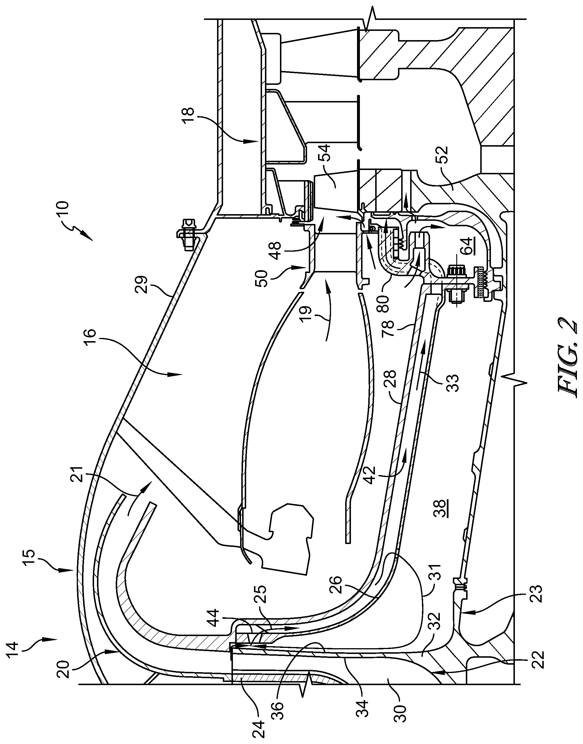 Patent US11773773 Figure 2 – Gas turbine engine centrifugal compressor with impeller load and cooling control