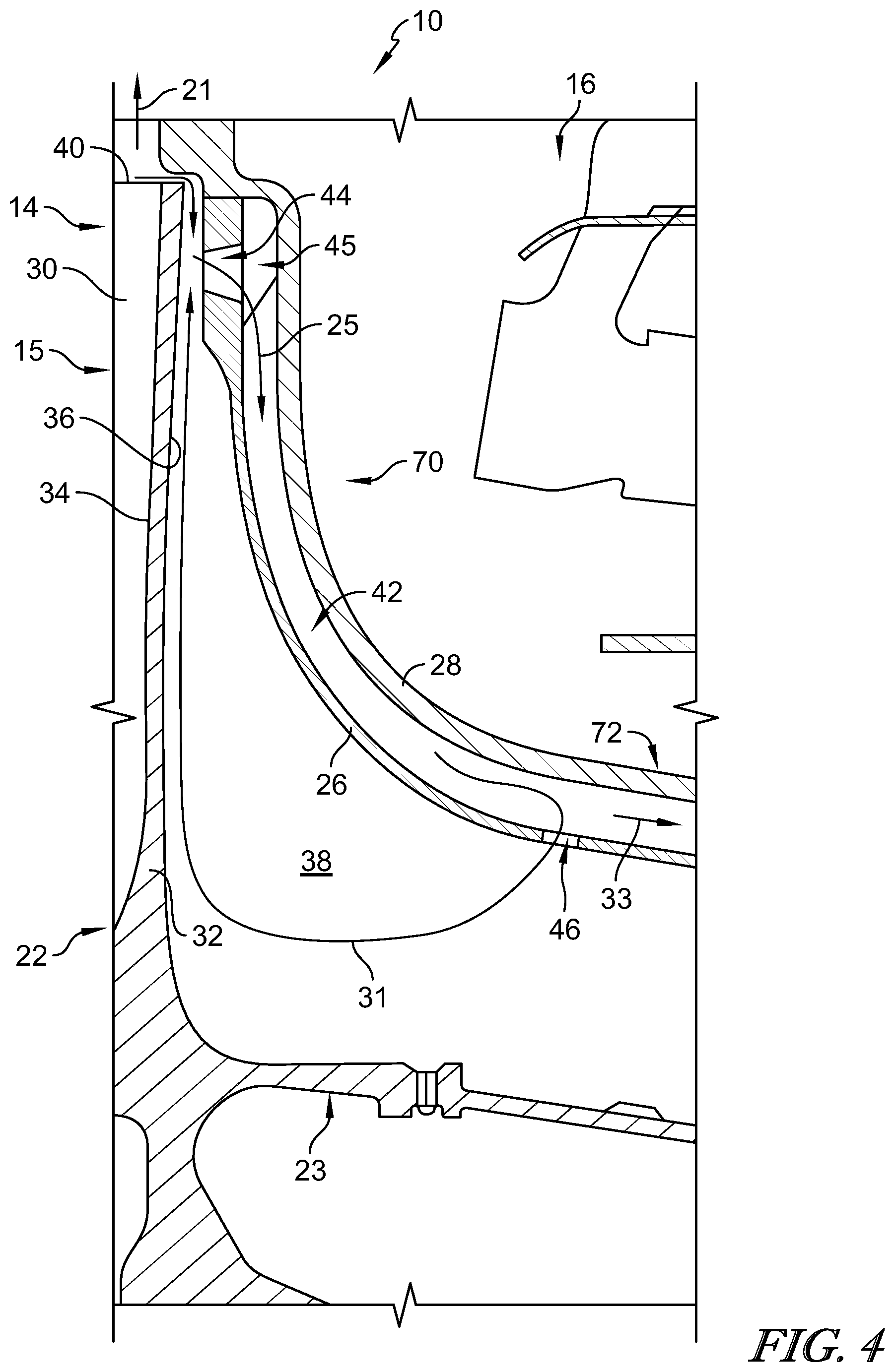 Patent US11773773 Figure 4 – Gas turbine engine centrifugal compressor with impeller load and cooling control