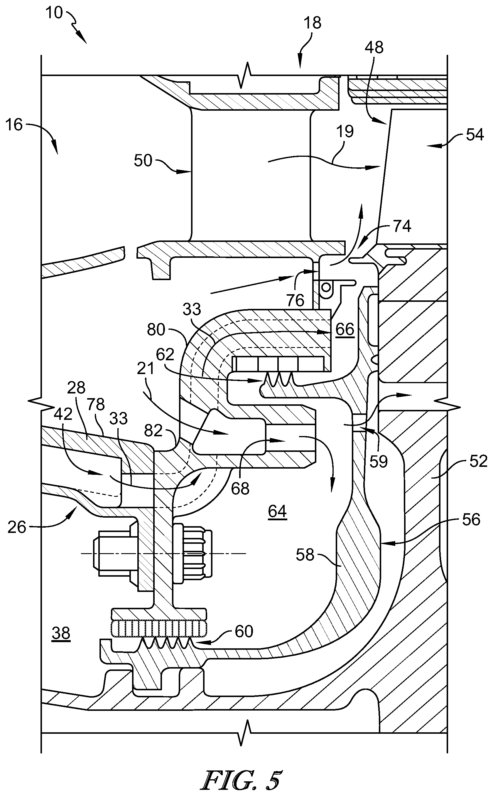 Patent US11773773 Figure 5 – Gas turbine engine centrifugal compressor with impeller load and cooling control
