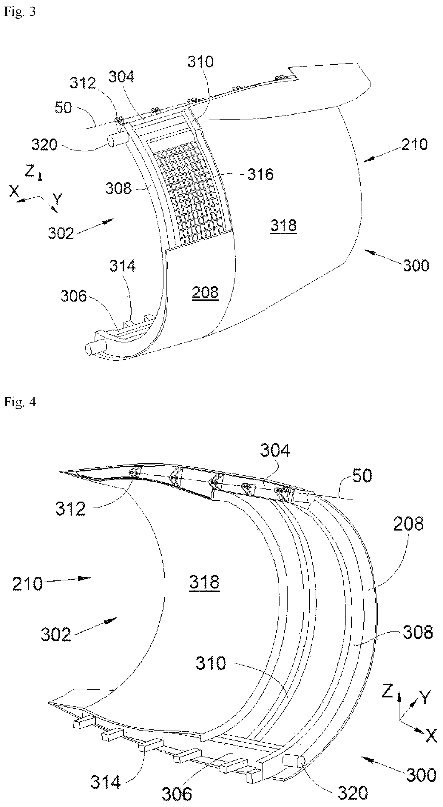 Patent US11773806 Figure 2 – Assembly for an aircraft propulsion system comprising a hinged structure supporting the fan cowl and the thrust reverser