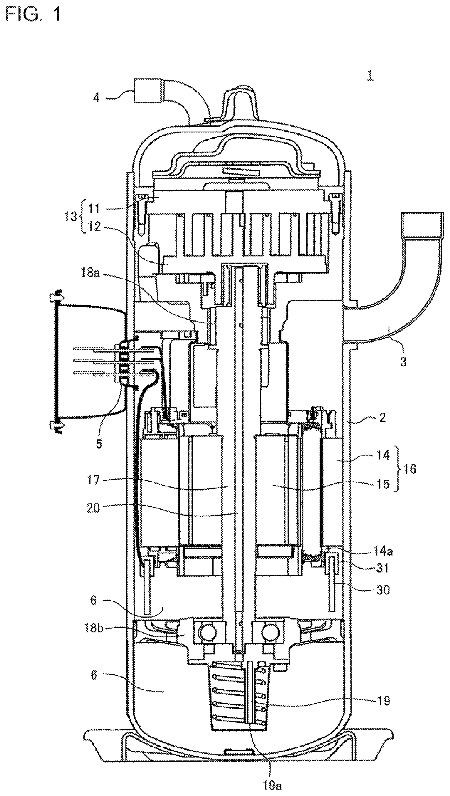 Patent US11773838 Figure 1 – Compressor, refrigerant compressing apparatus, and refrigerating apparatus