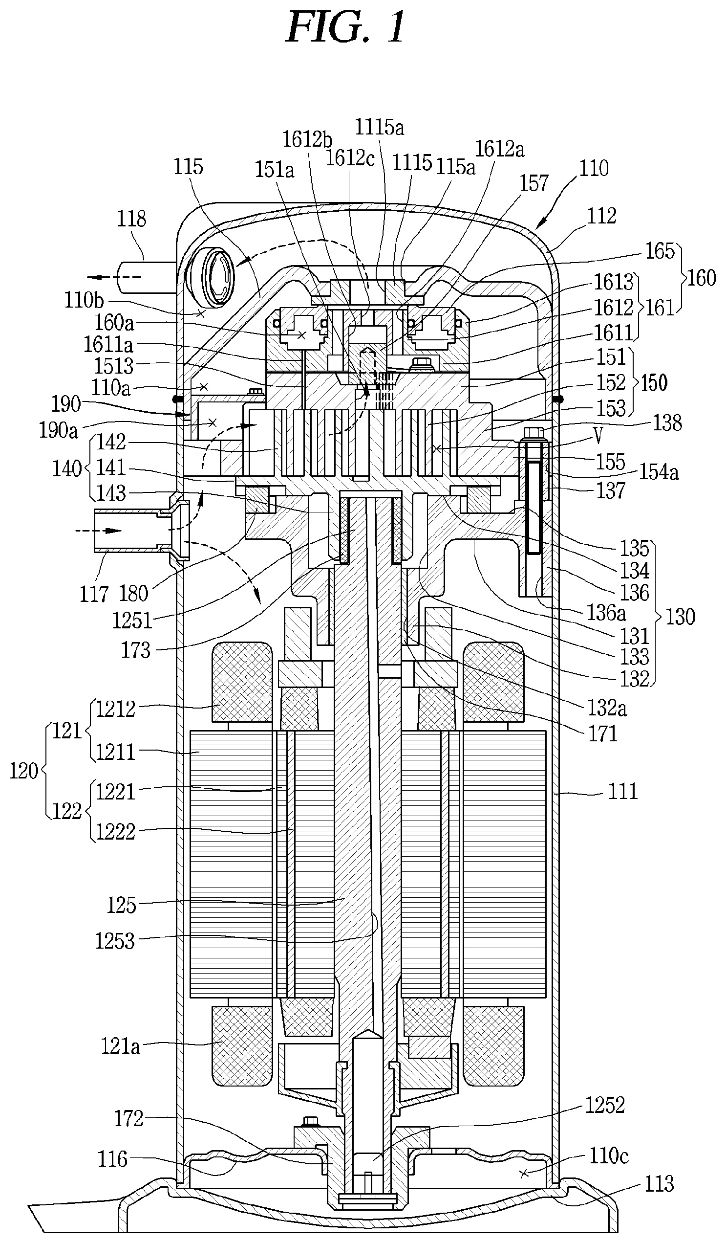 Patent US11773851 Figure 1 – Scroll compressor including suction guide