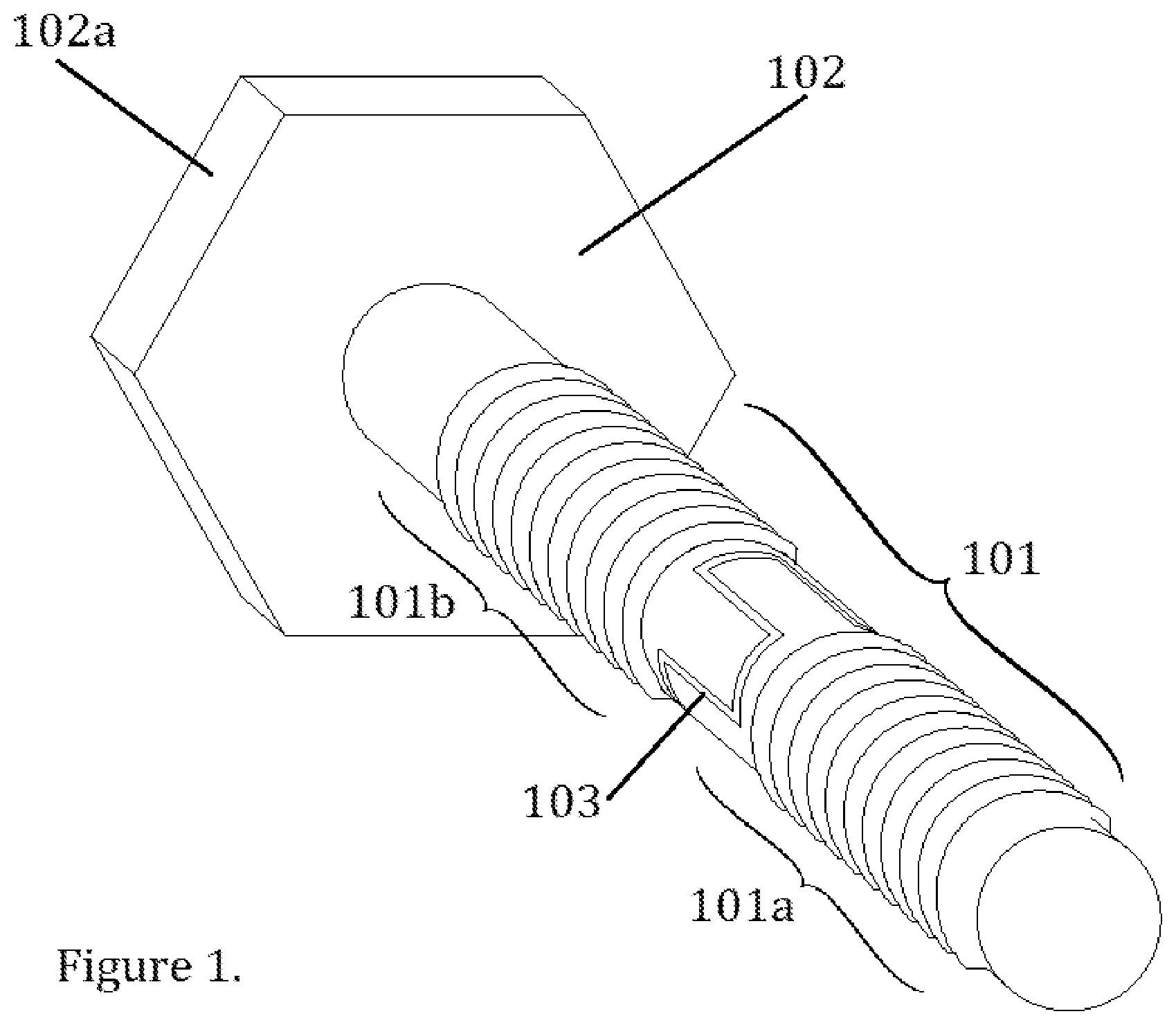 Patent US11773892 Figure 1 – Threaded fastener with improved resistance to backing out of a blind hole