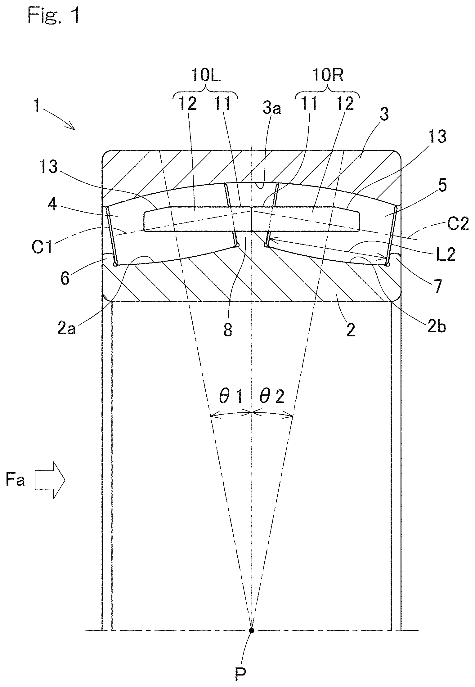 Patent US11773901 Figure 1 – Self-aligning roller bearing