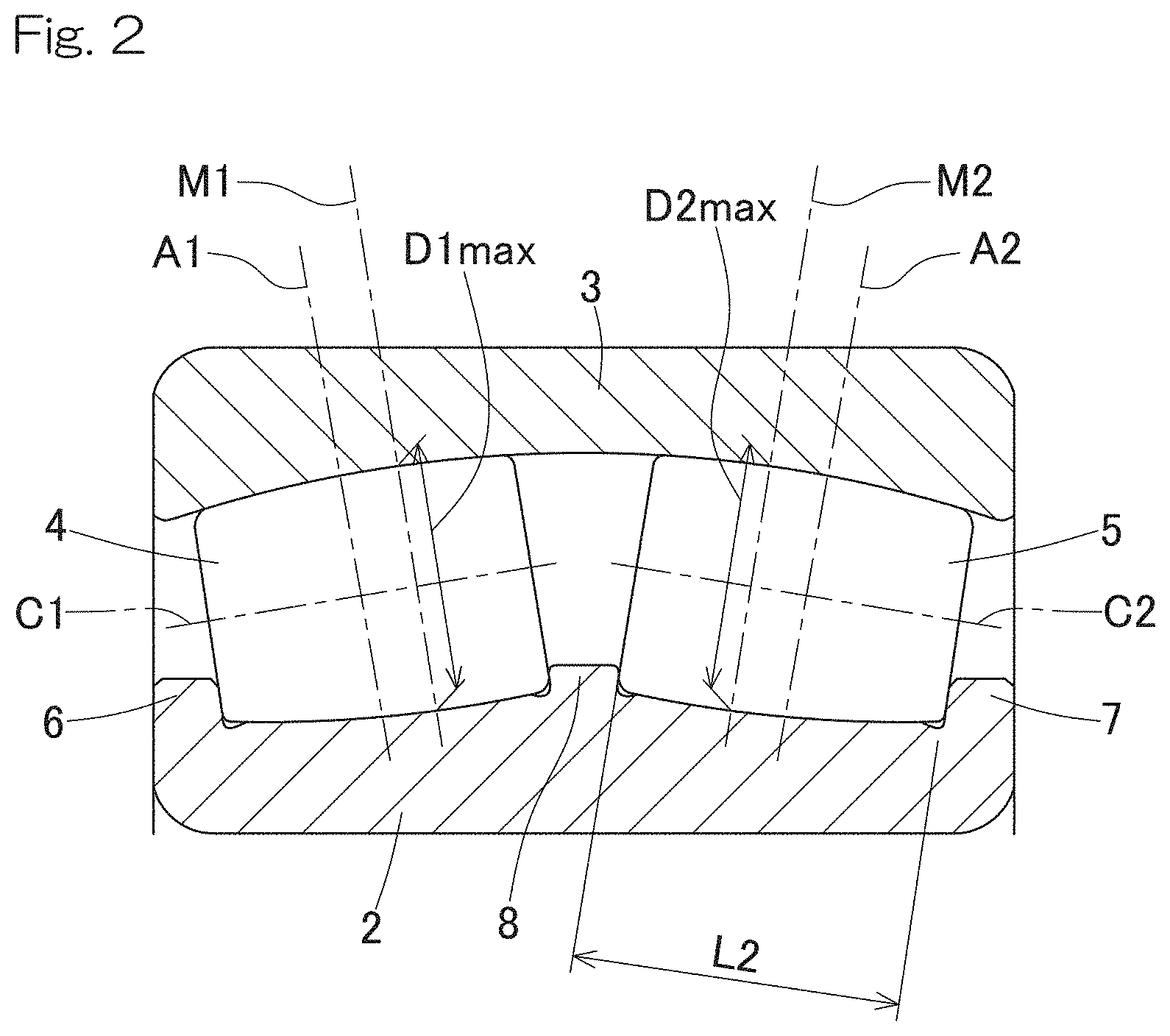 Patent US11773901 Figure 2 – Self-aligning roller bearing