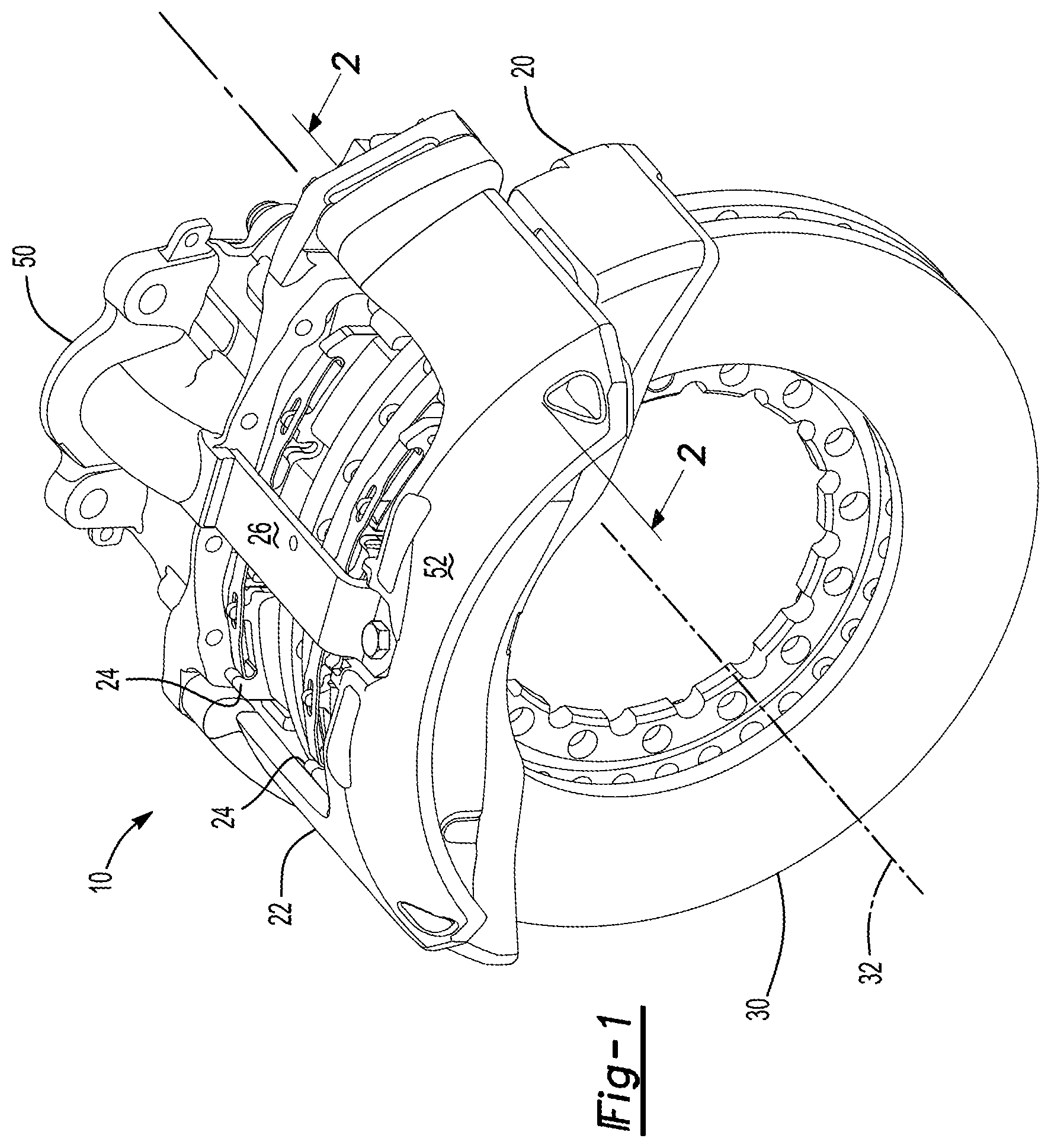Patent US11773928 Figure 1 – Brake assembly having a guide pin assembly