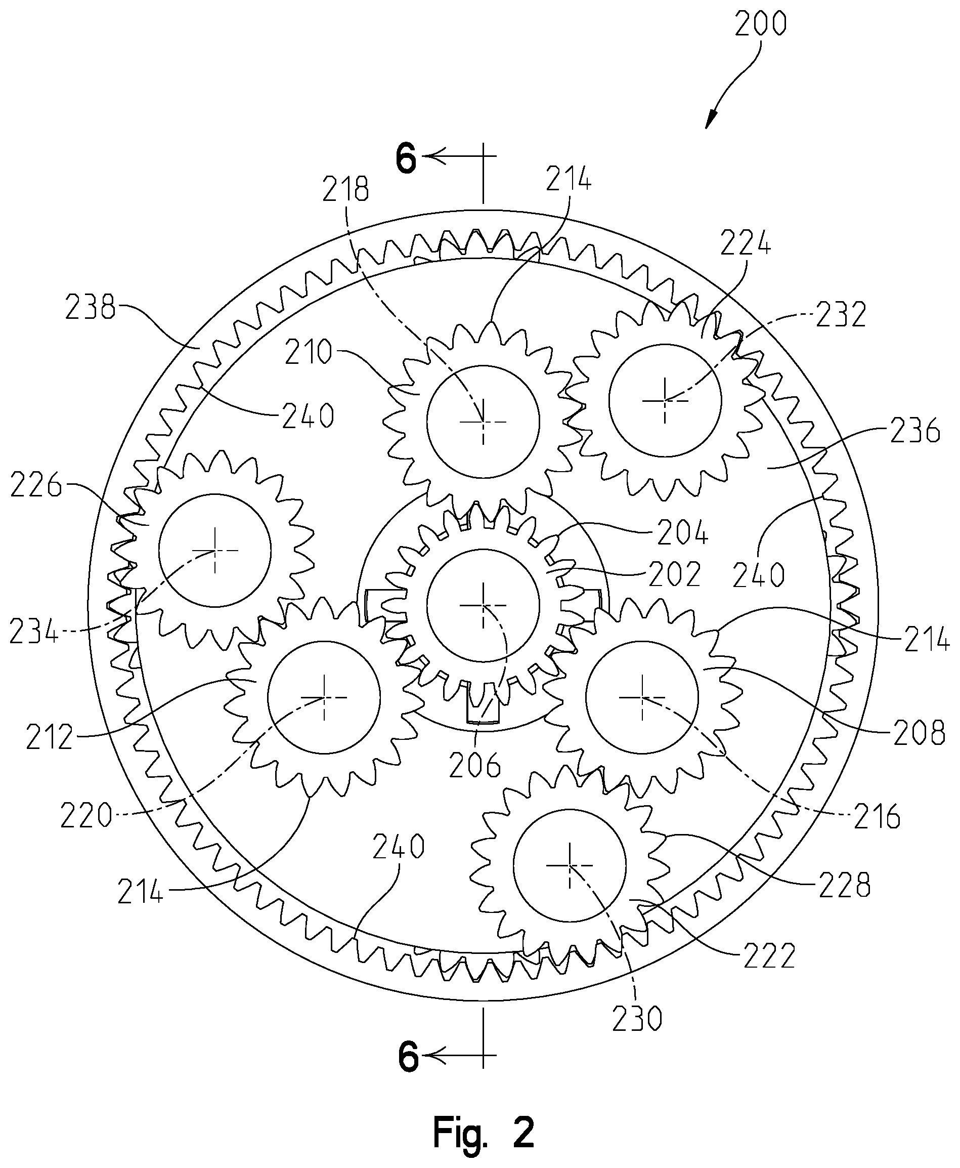 Patent US11773944 Figure 2 – Complex planetary design utilizing planet geometry for stackable and reversible planetaries