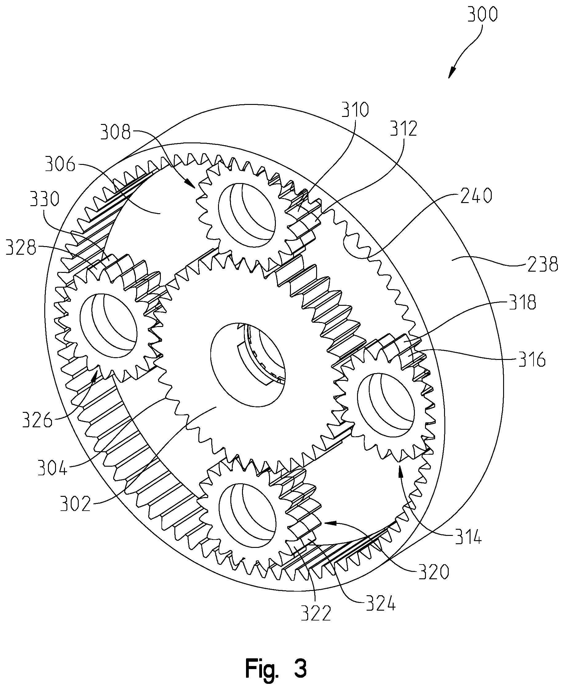 Patent US11773944 Figure 3 – Complex planetary design utilizing planet geometry for stackable and reversible planetaries