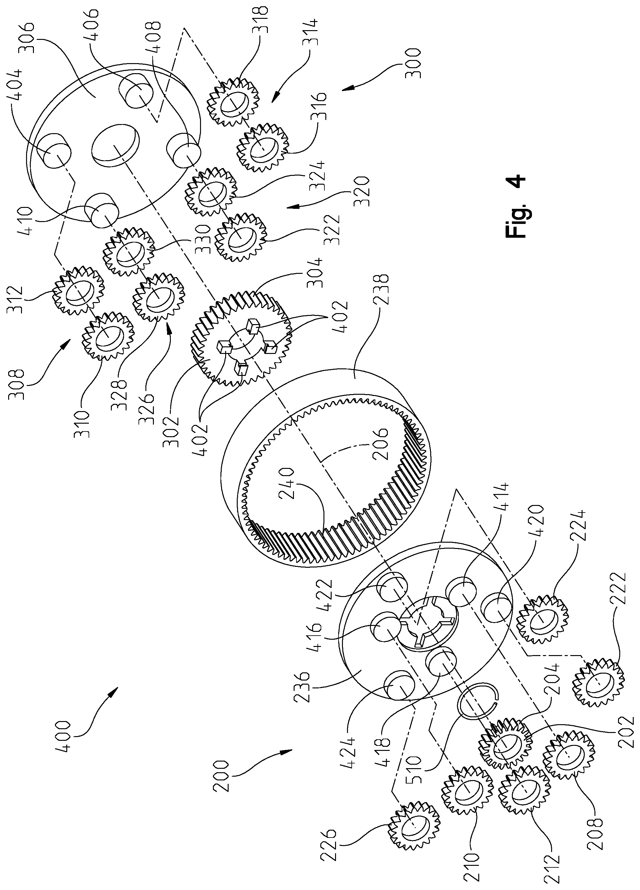 Patent US11773944 Figure 4 – Complex planetary design utilizing planet geometry for stackable and reversible planetaries