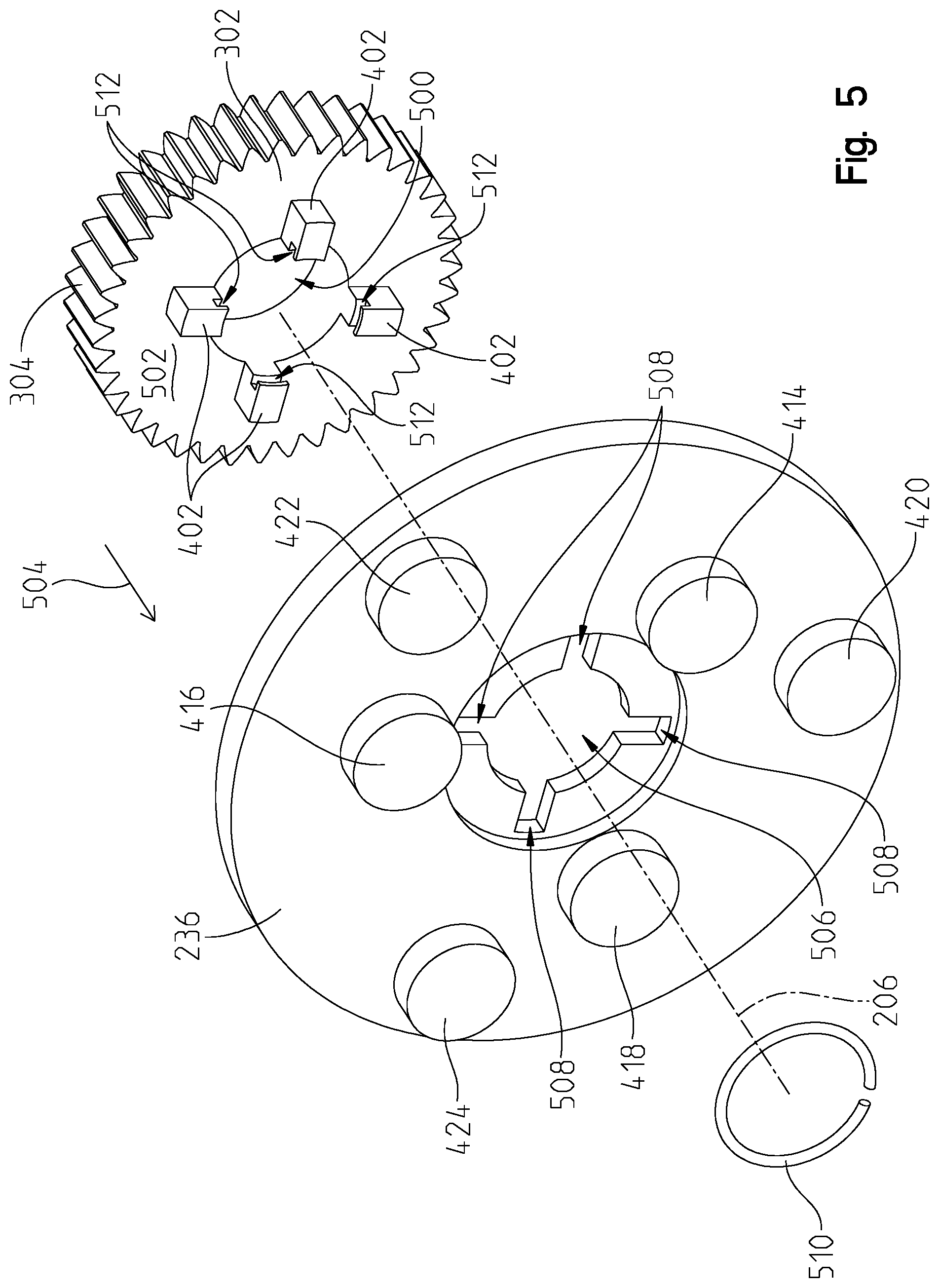 Patent US11773944 Figure 5 – Complex planetary design utilizing planet geometry for stackable and reversible planetaries