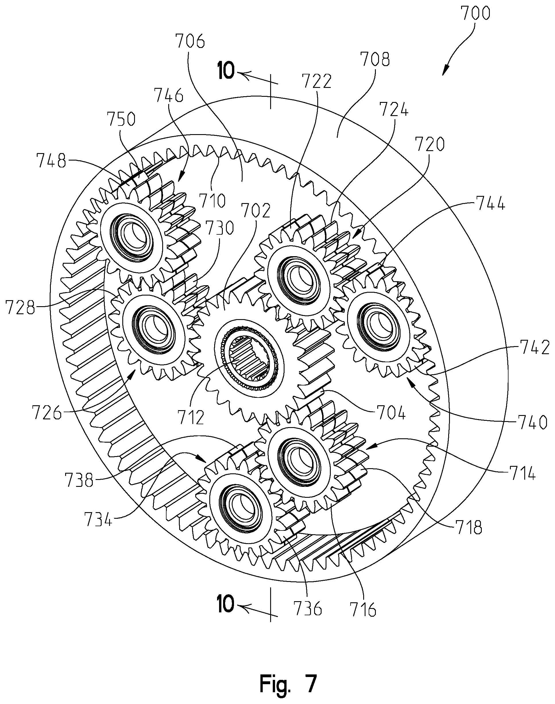 Patent US11773944 Figure 7 – Complex planetary design utilizing planet geometry for stackable and reversible planetaries