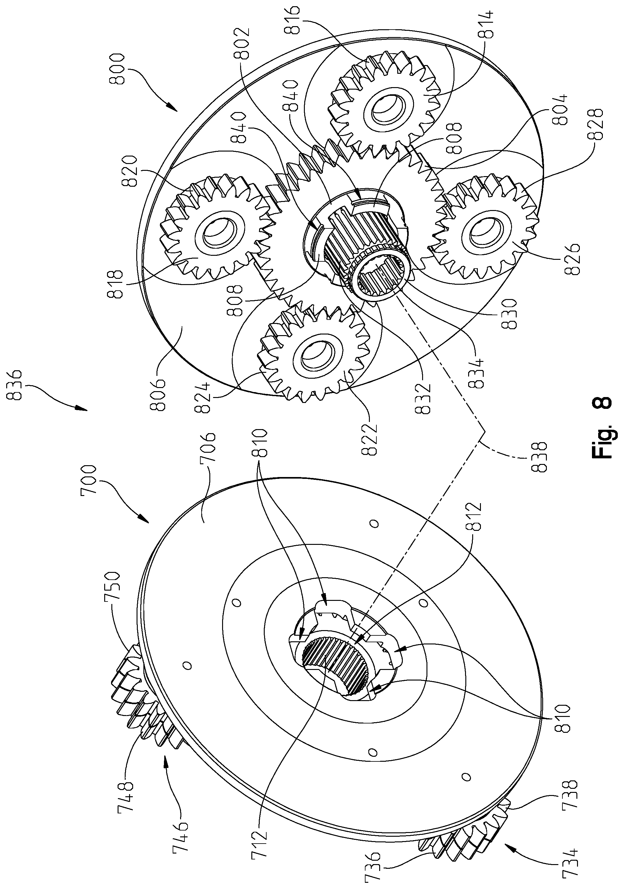 Patent US11773944 Figure 8 – Complex planetary design utilizing planet geometry for stackable and reversible planetaries