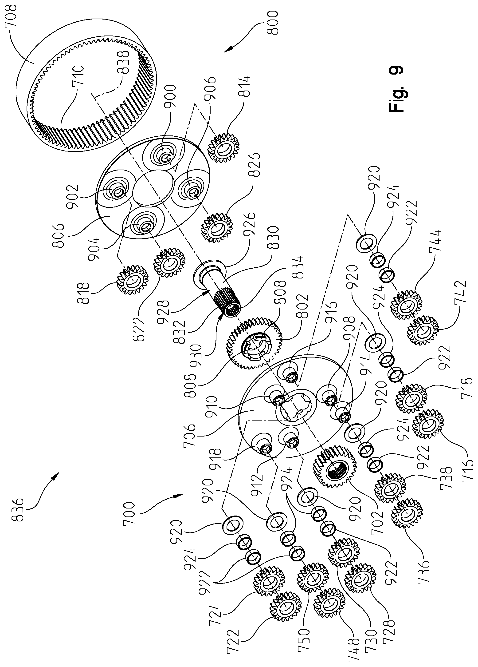 Patent US11773944 Figure 9 – Complex planetary design utilizing planet geometry for stackable and reversible planetaries