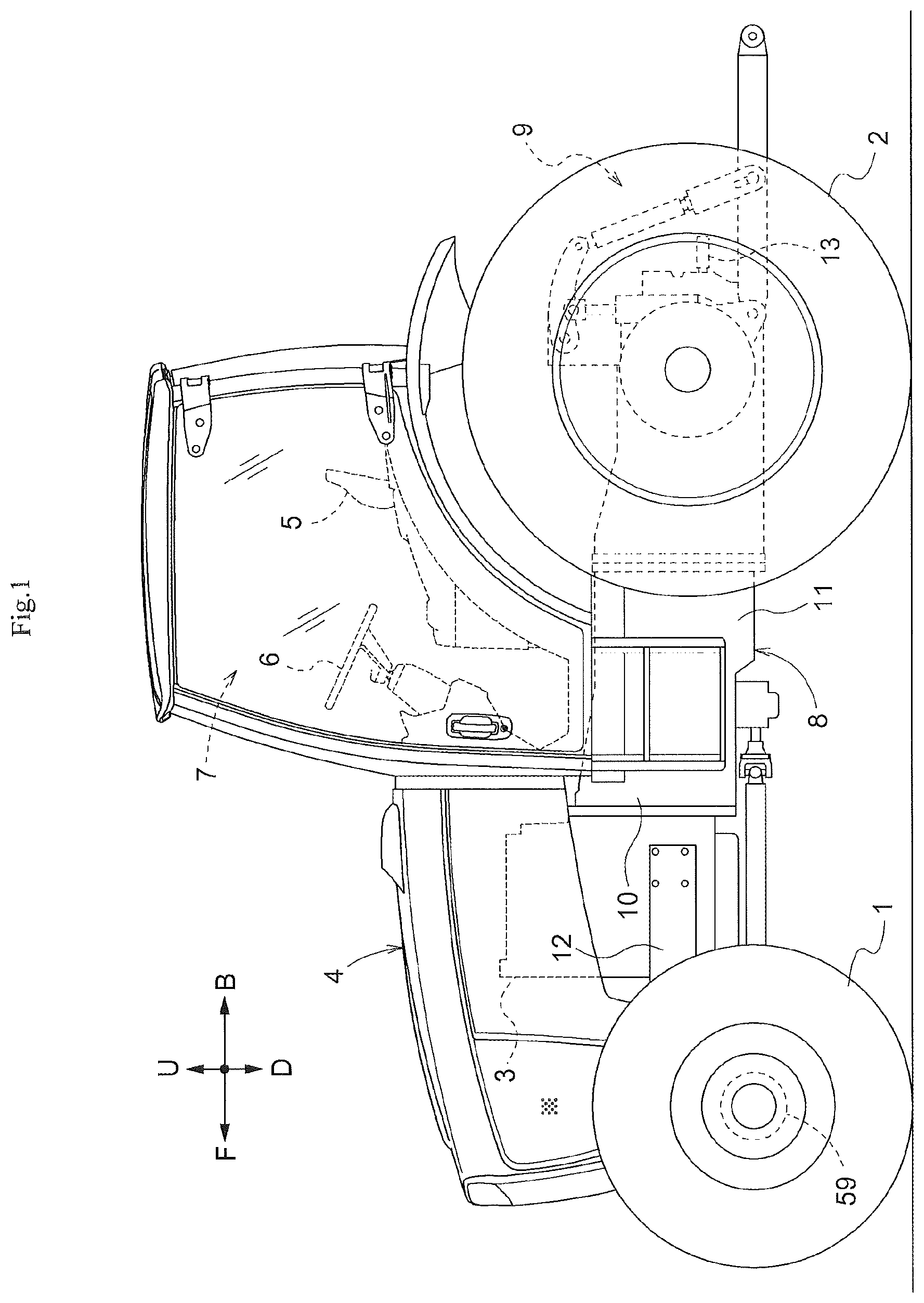 Patent US11773950 Figure 1 – Tractor, travel power transmission apparatus for a tractor, and tractor provided with the travel power transmission apparatus for a tractor