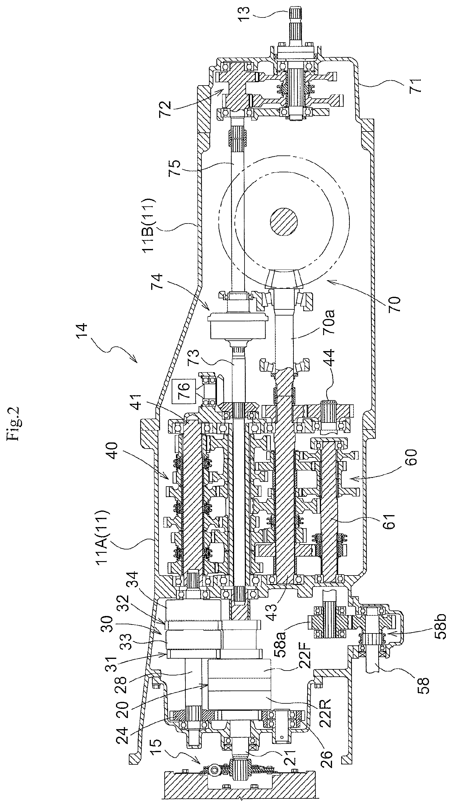 Patent US11773950 Figure 2 – Tractor, travel power transmission apparatus for a tractor, and tractor provided with the travel power transmission apparatus for a tractor