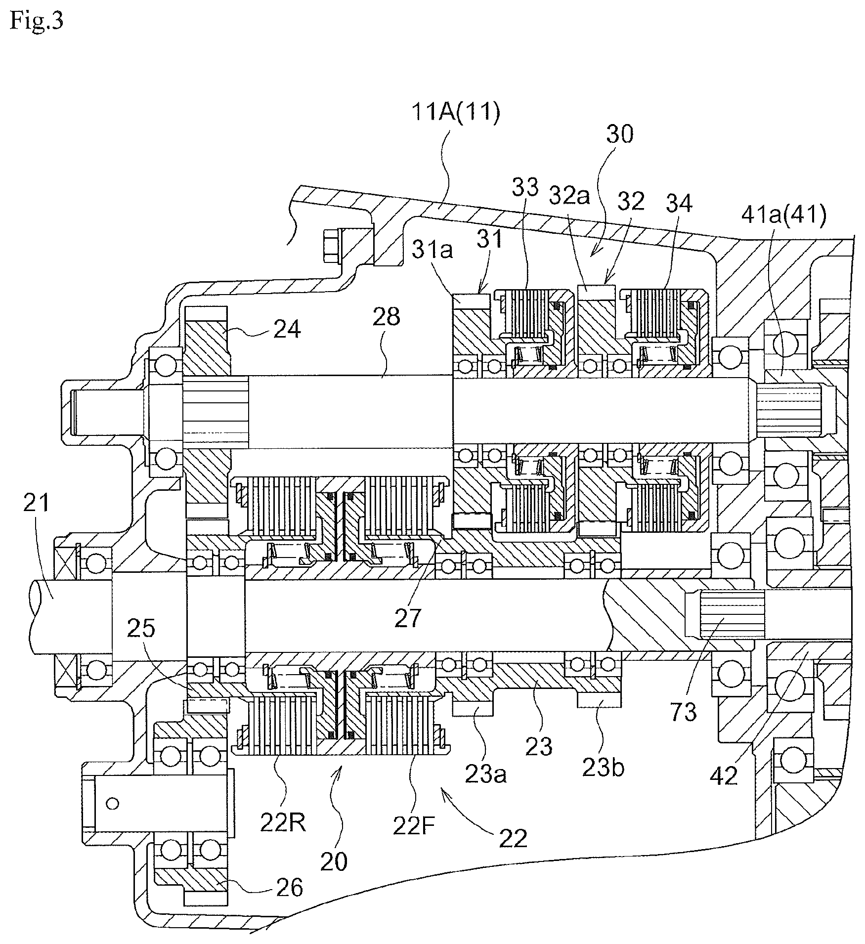 Patent US11773950 Figure 3 – Tractor, travel power transmission apparatus for a tractor, and tractor provided with the travel power transmission apparatus for a tractor