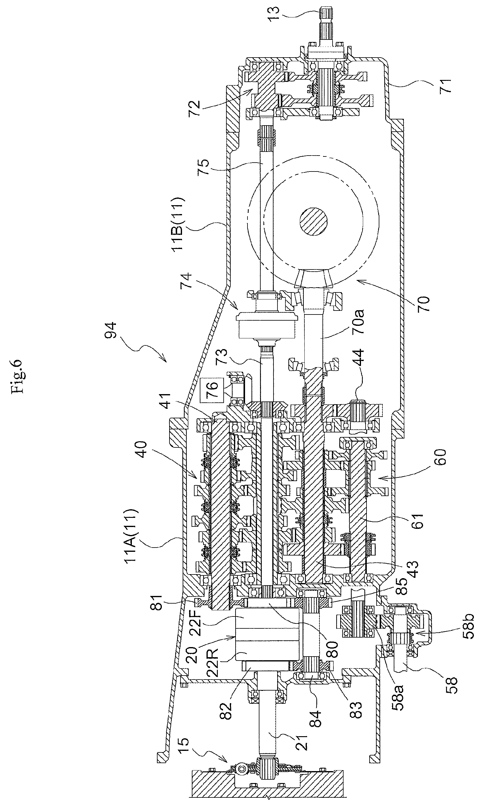 Patent US11773950 Figure 6 – Tractor, travel power transmission apparatus for a tractor, and tractor provided with the travel power transmission apparatus for a tractor