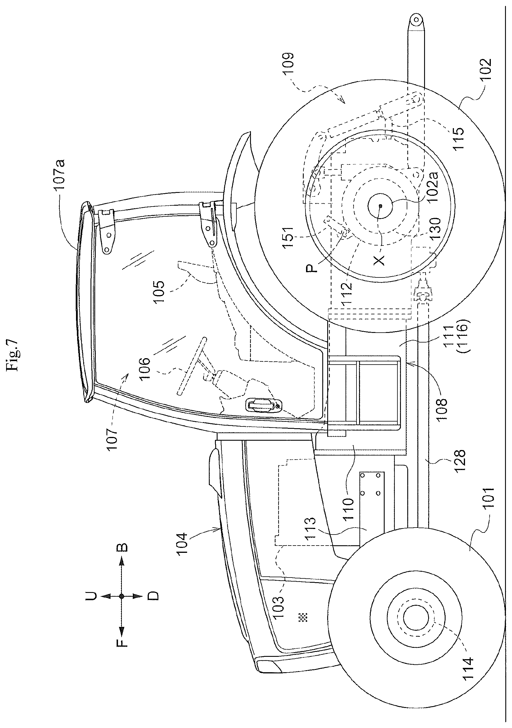 Patent US11773950 Figure 7 – Tractor, travel power transmission apparatus for a tractor, and tractor provided with the travel power transmission apparatus for a tractor