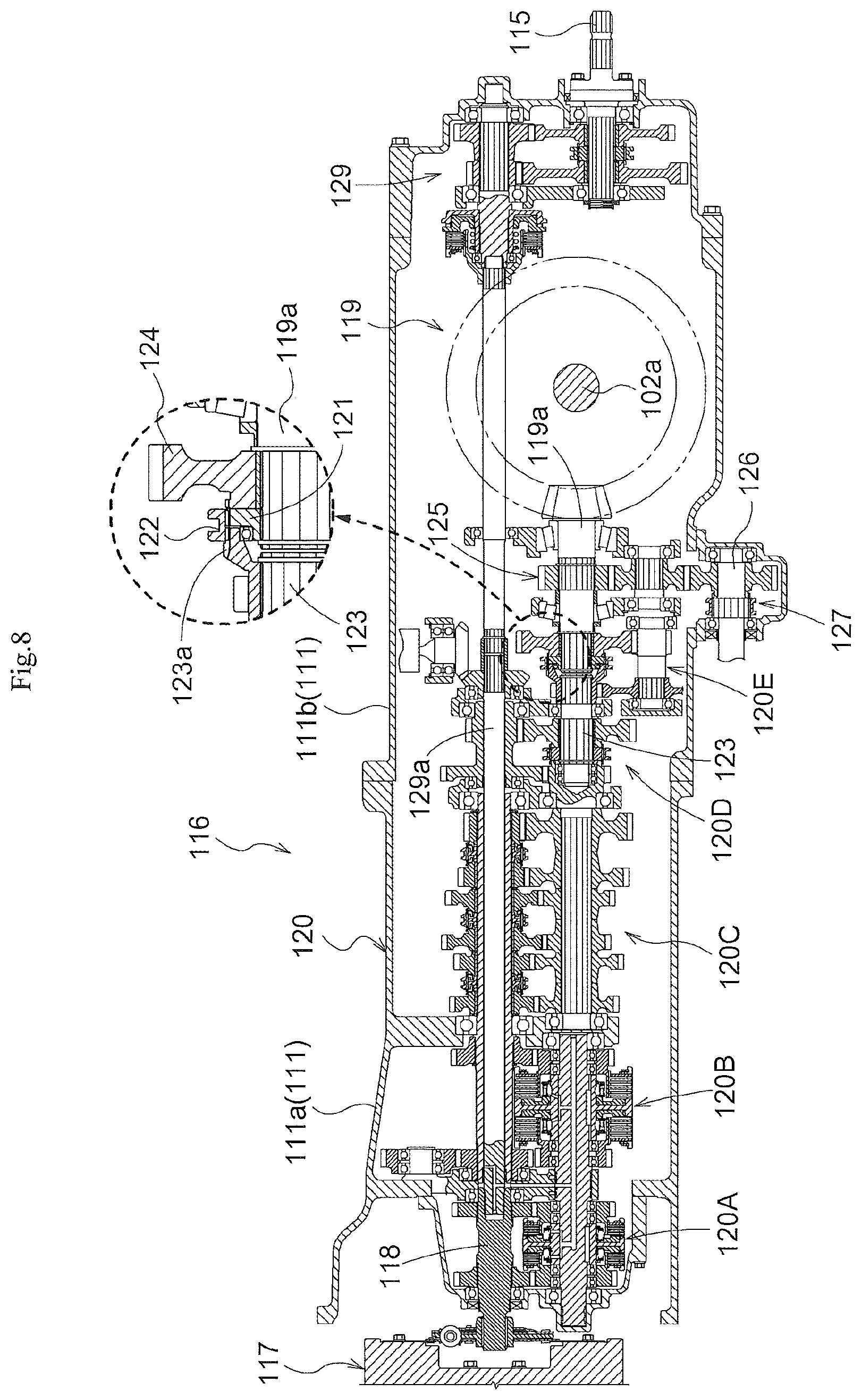 Patent US11773950 Figure 8 – Tractor, travel power transmission apparatus for a tractor, and tractor provided with the travel power transmission apparatus for a tractor