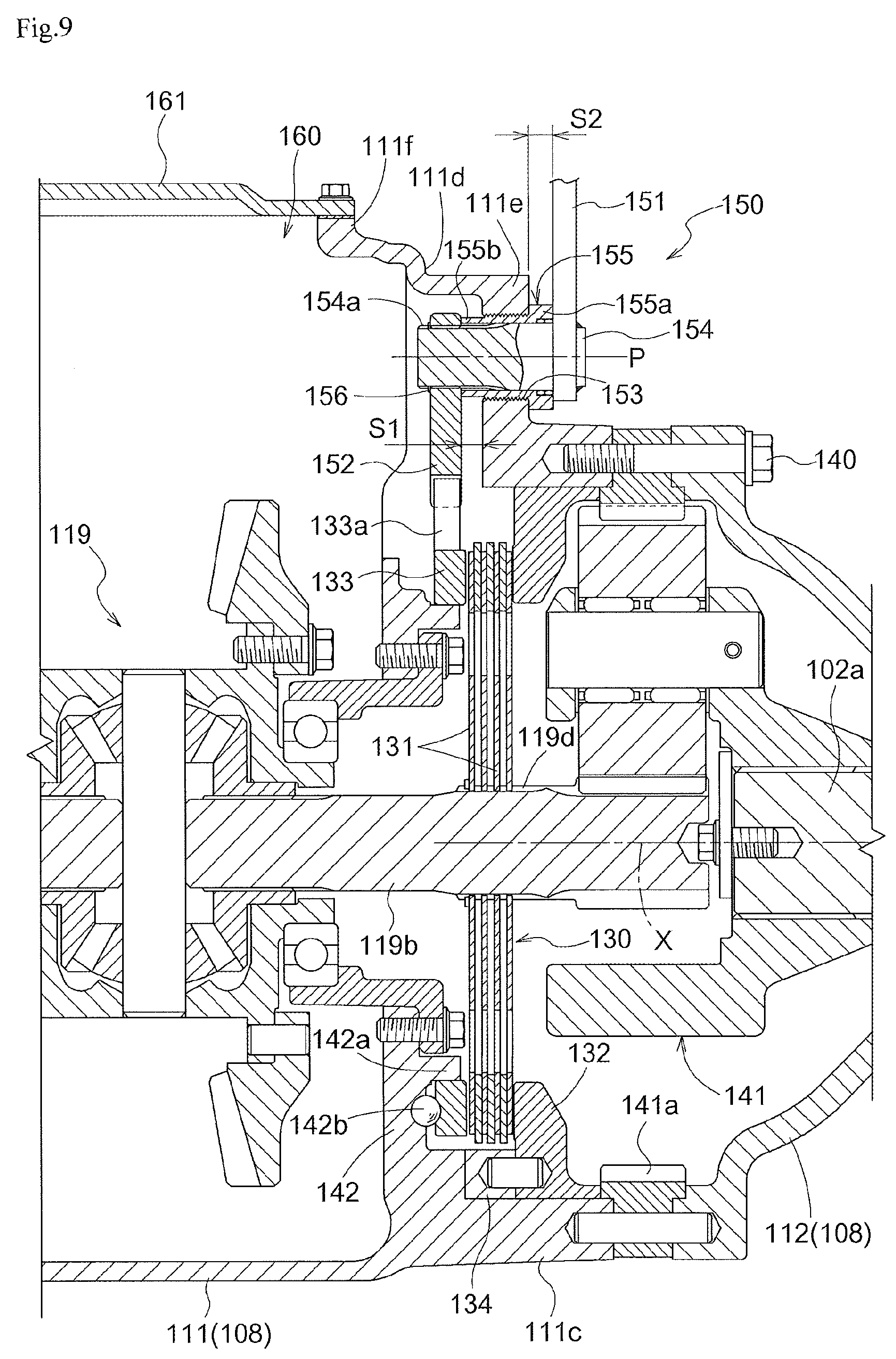 Patent US11773950 Figure 9 – Tractor, travel power transmission apparatus for a tractor, and tractor provided with the travel power transmission apparatus for a tractor