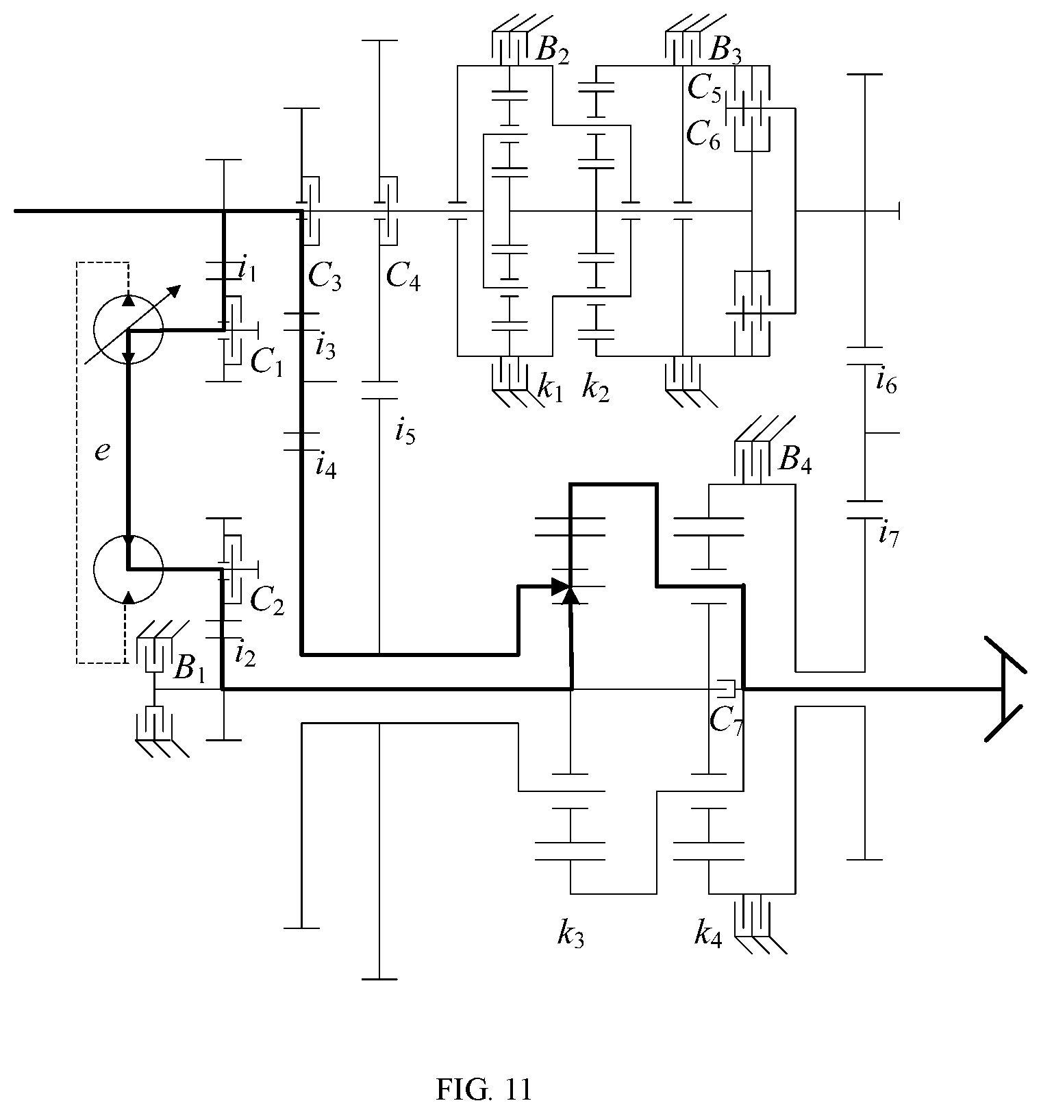 Patent US11773954 Figure 11 – Multi-mode hydro-mechanical hybrid transmission device