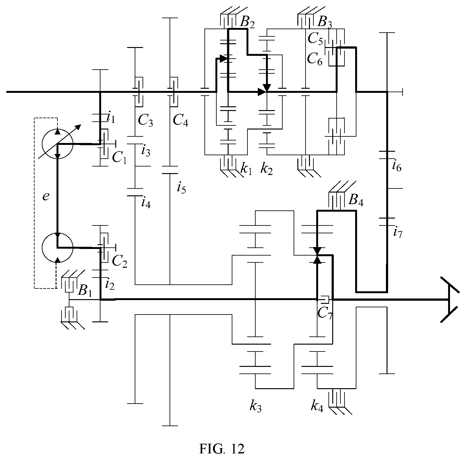Patent US11773954 Figure 12 – Multi-mode hydro-mechanical hybrid transmission device