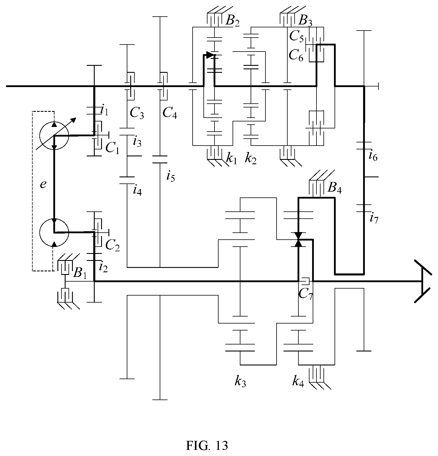 Patent US11773954 Figure 13 – Multi-mode hydro-mechanical hybrid transmission device