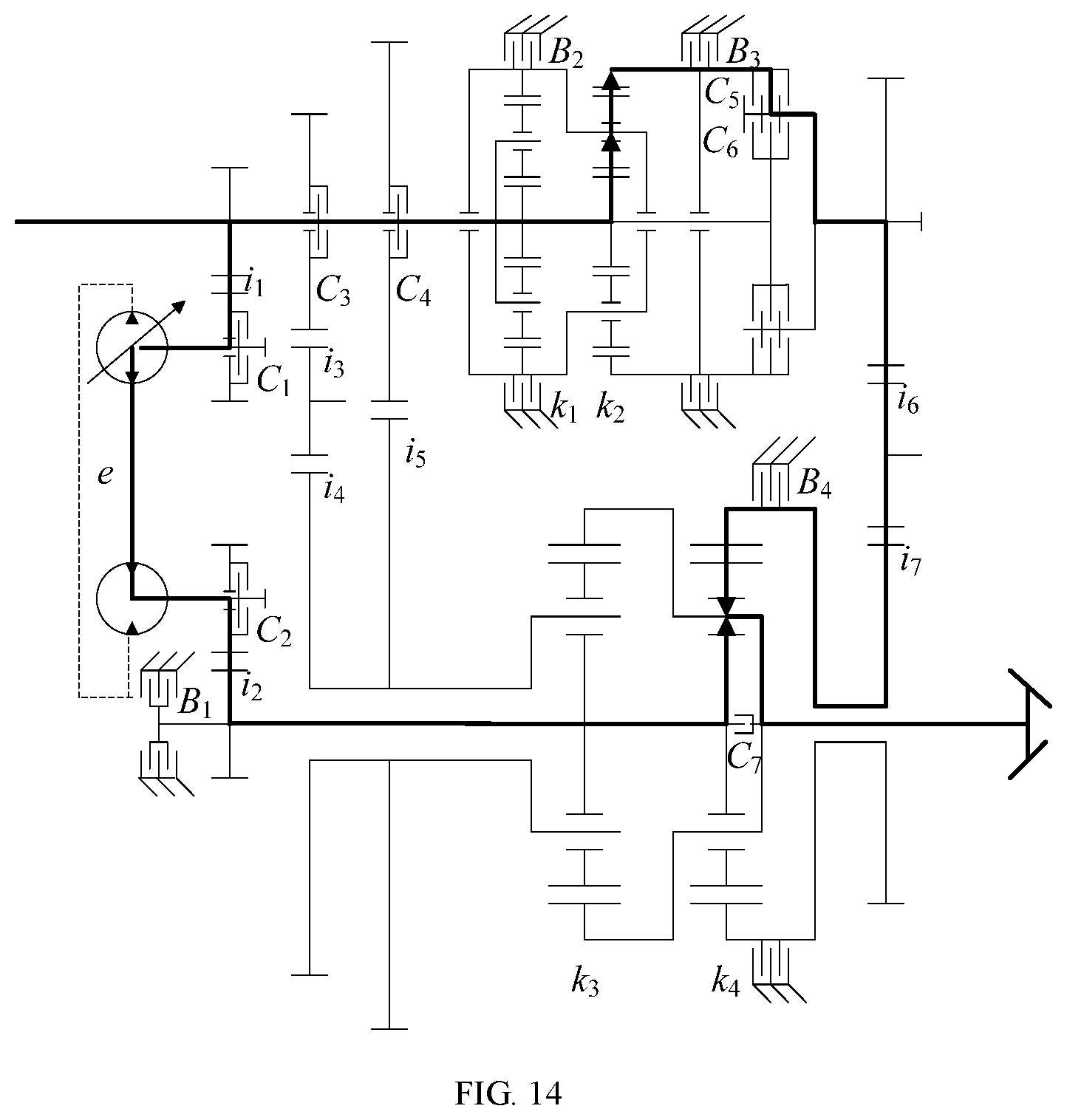 Patent US11773954 Figure 14 – Multi-mode hydro-mechanical hybrid transmission device