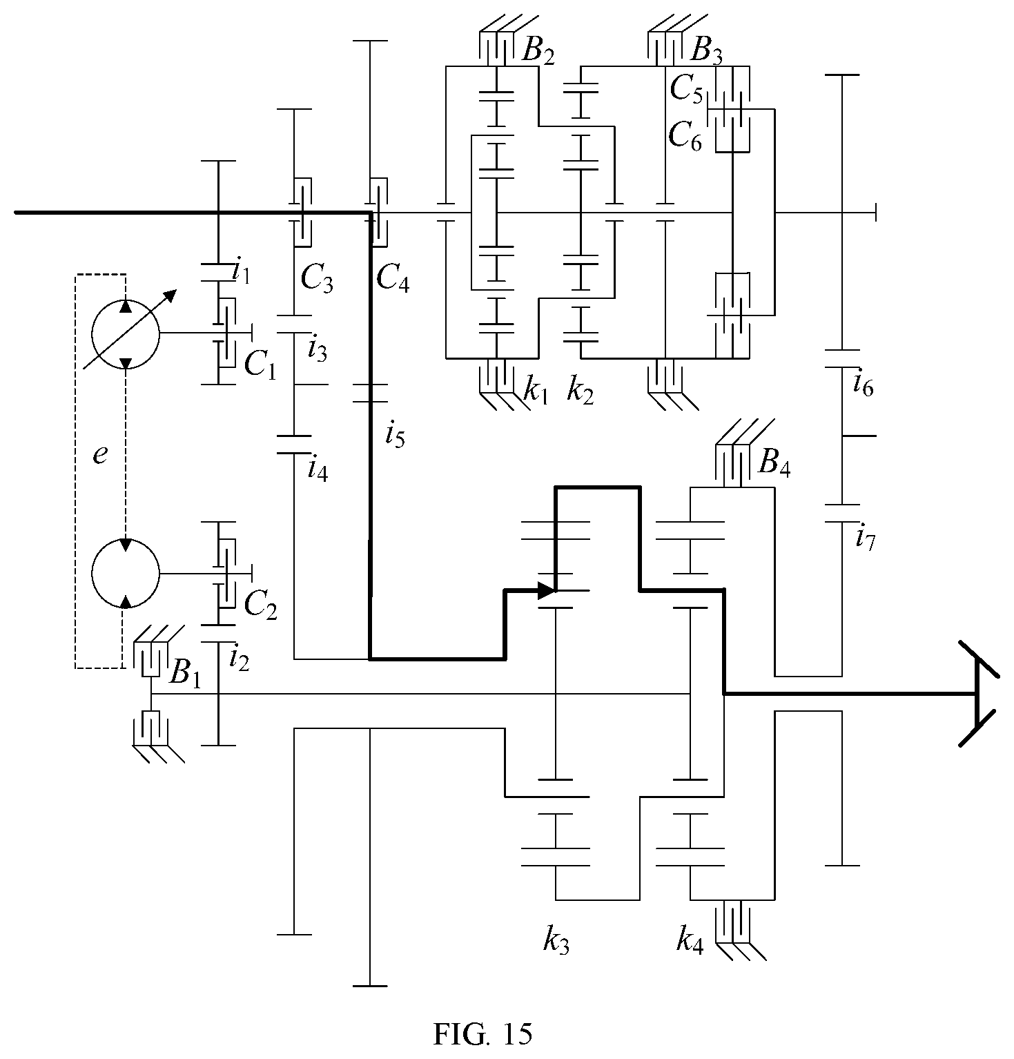 Patent US11773954 Figure 15 – Multi-mode hydro-mechanical hybrid transmission device