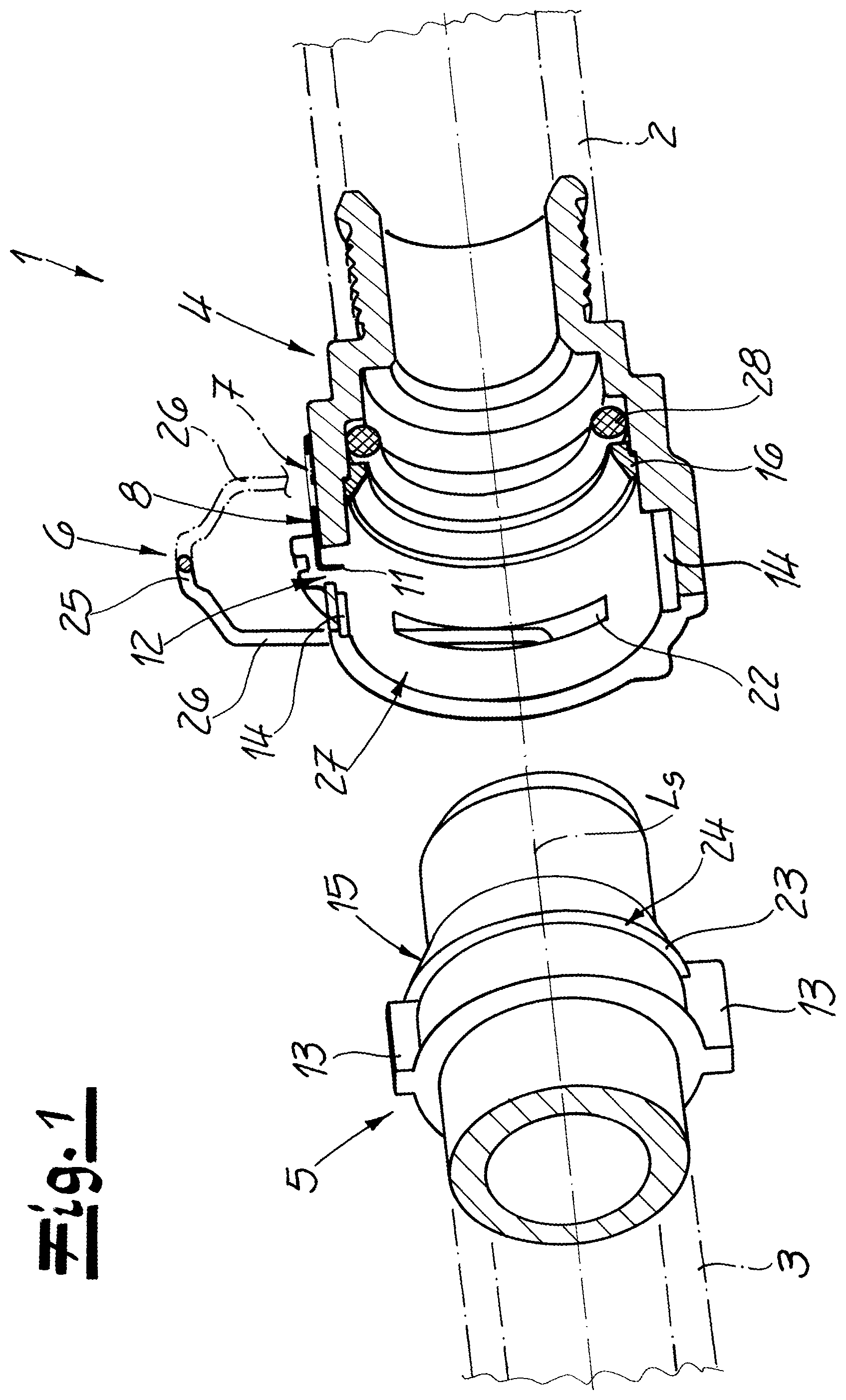 Patent US11774024 Figure 1 – Connector for connecting two fluid-conducting elements