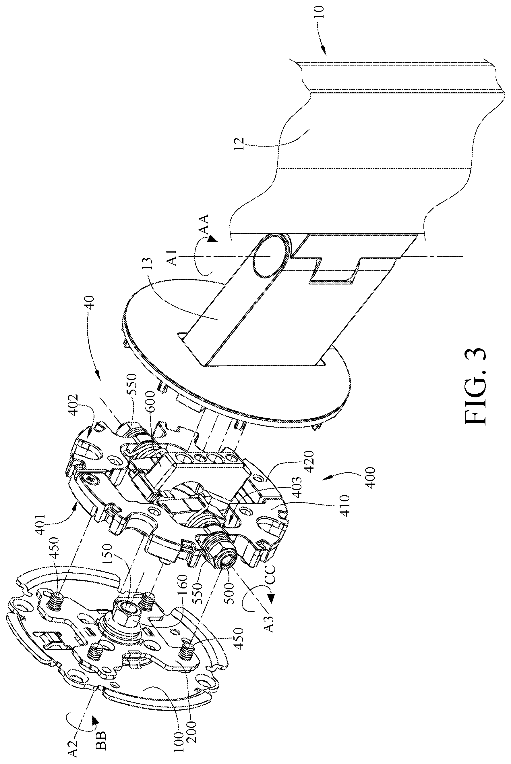 Patent US11774032 Figure 3 – Biaxal pivoting mechanism and angle adjustment device