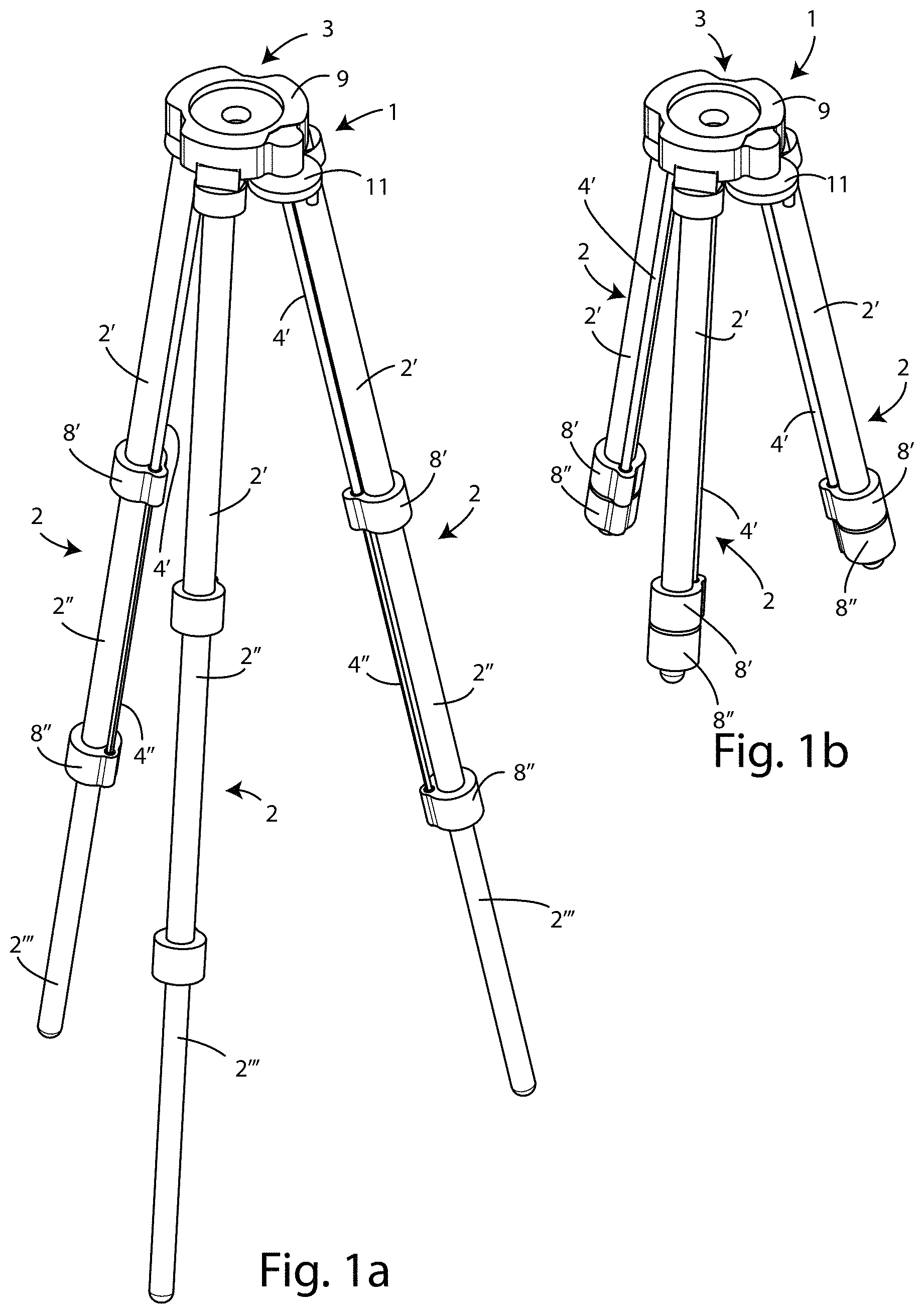 Patent US11774035 — Tripod with system for locking/unlocking the legs — Figure 1