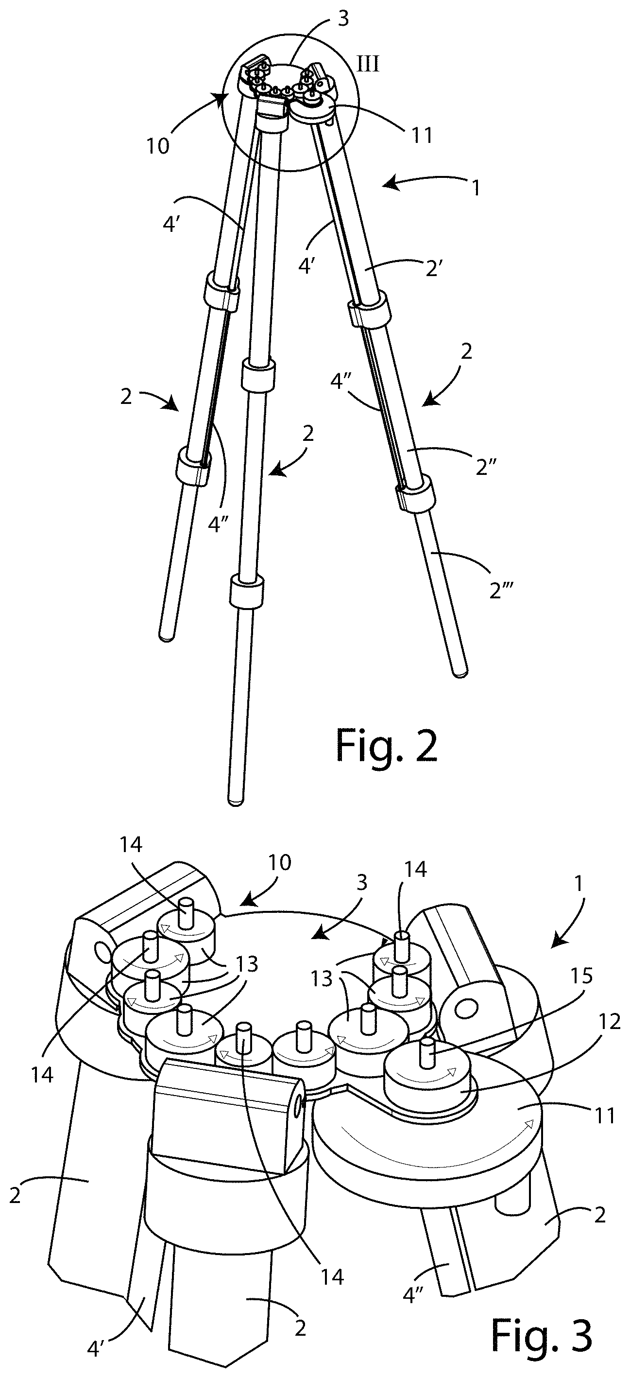 Patent US11774035 Figure 2 – Tripod with system for locking/unlocking the legs