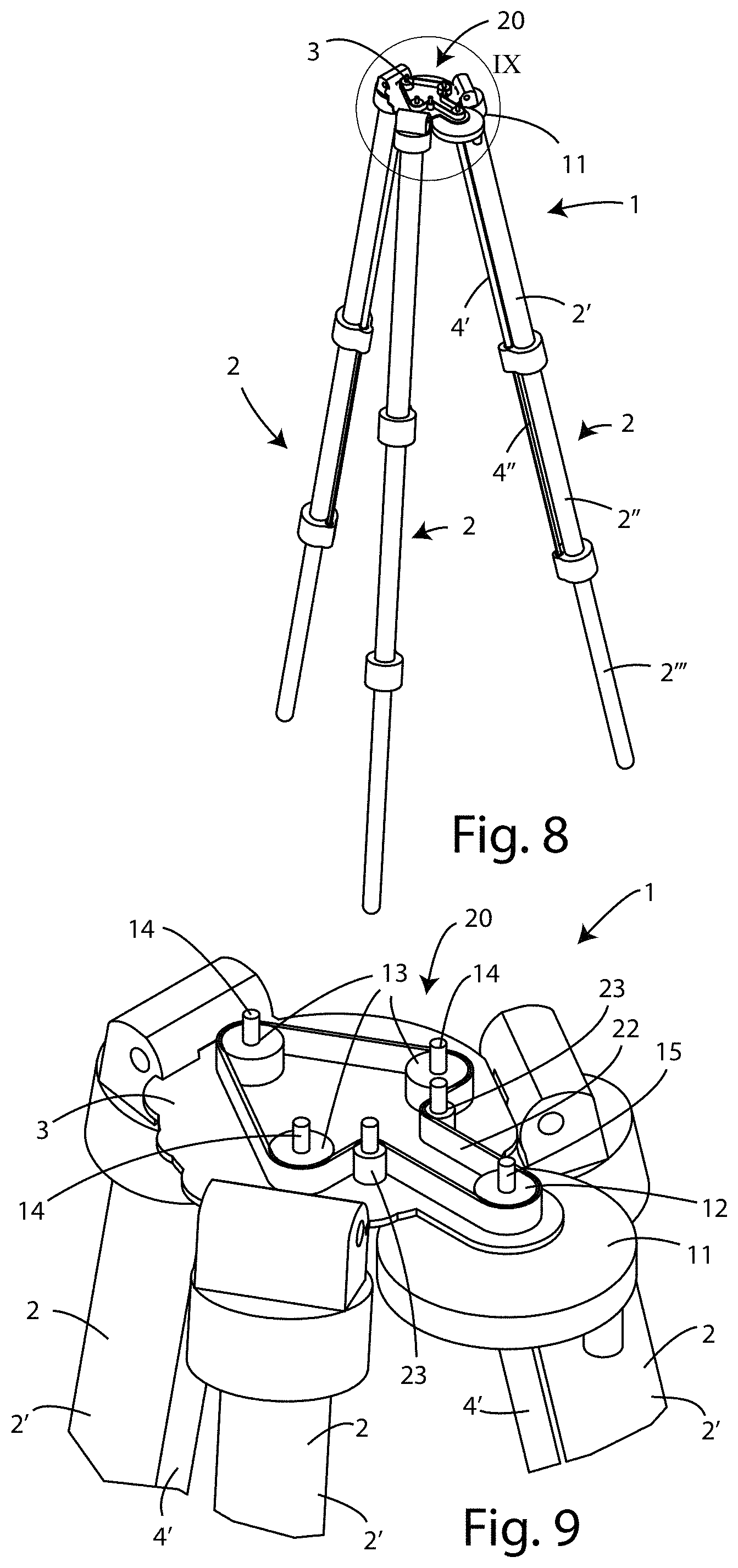 Patent US11774035 Figure 5 – Tripod with system for locking/unlocking the legs