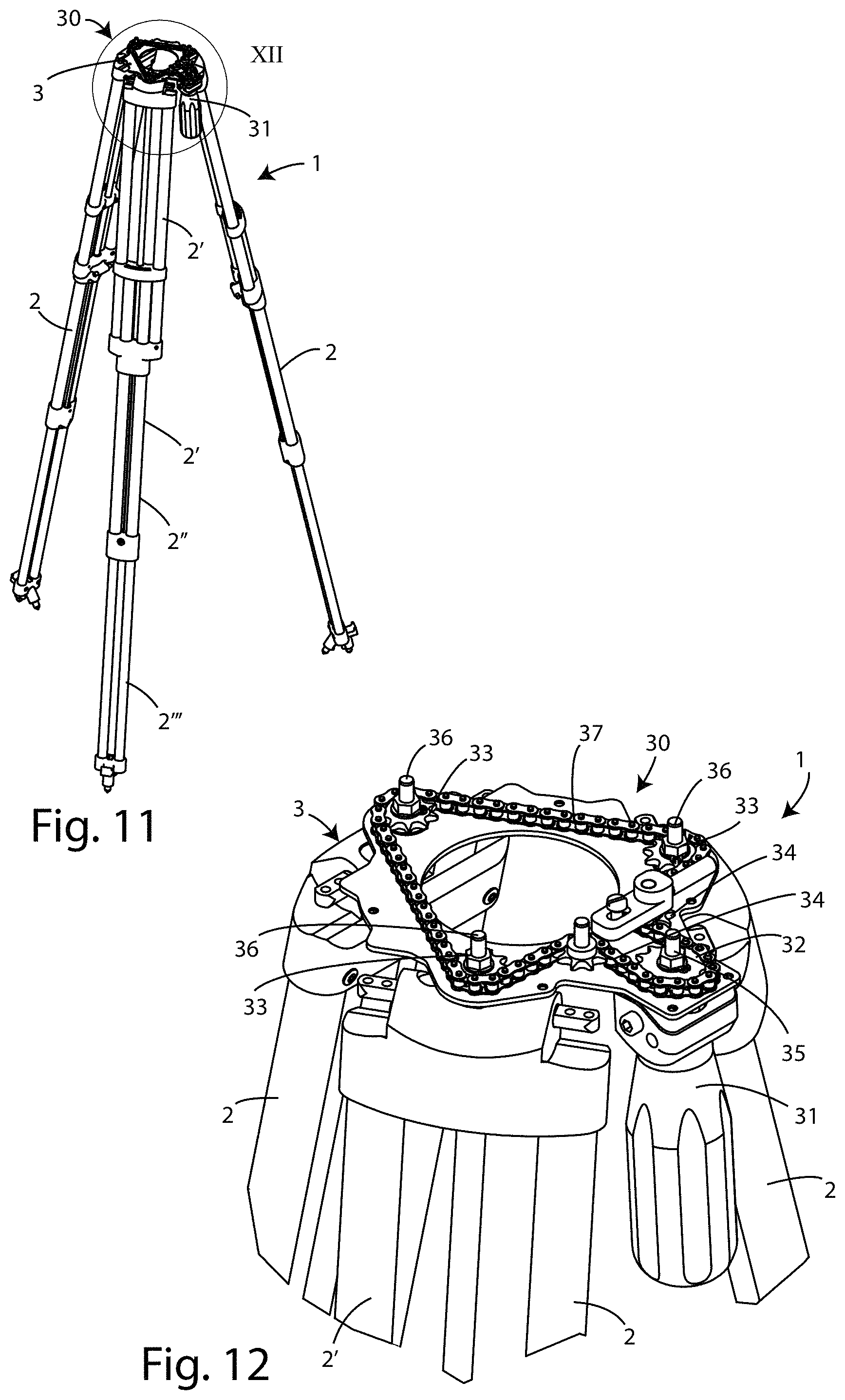 Patent US11774035 Figure 7 – Tripod with system for locking/unlocking the legs