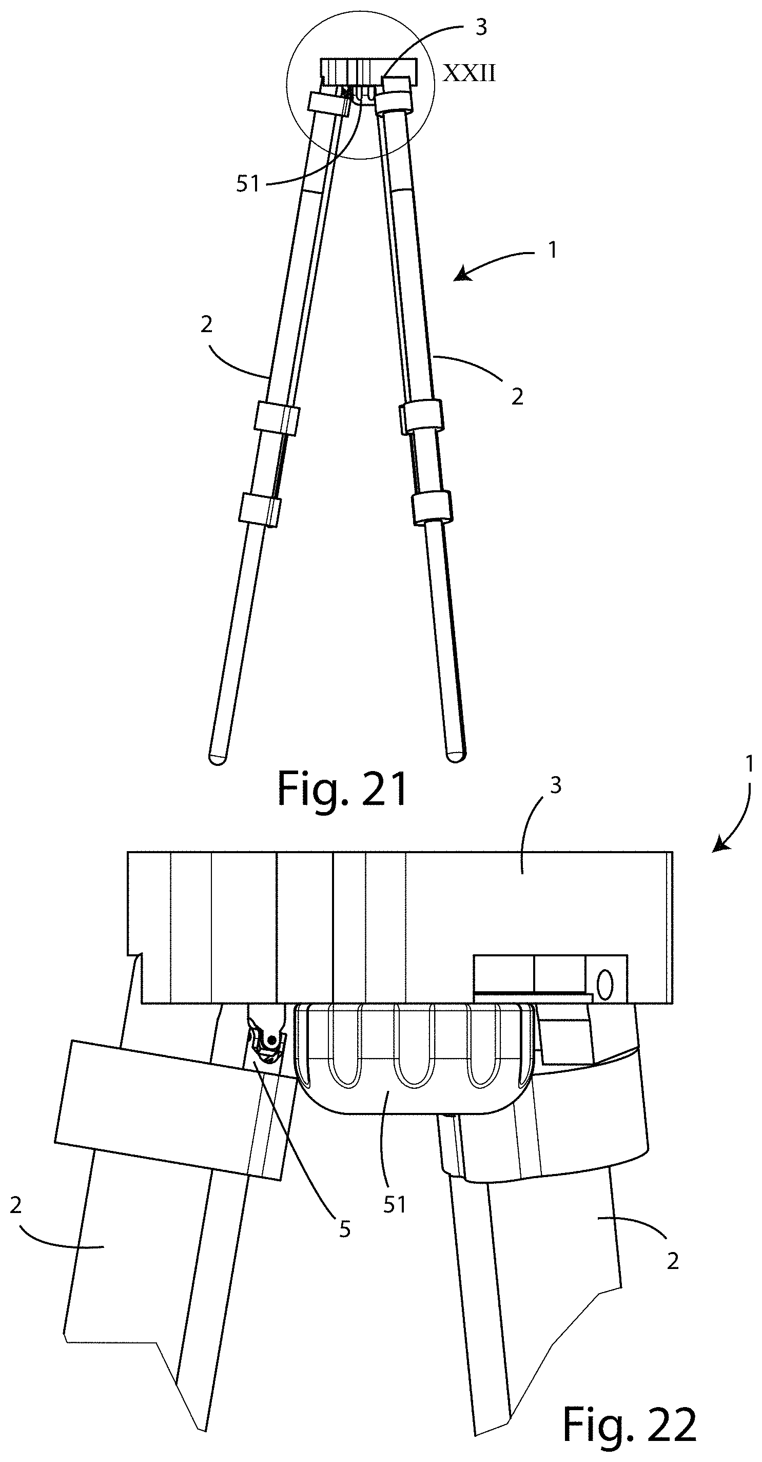 Patent US11774035 Figure 11 – Tripod with system for locking/unlocking the legs